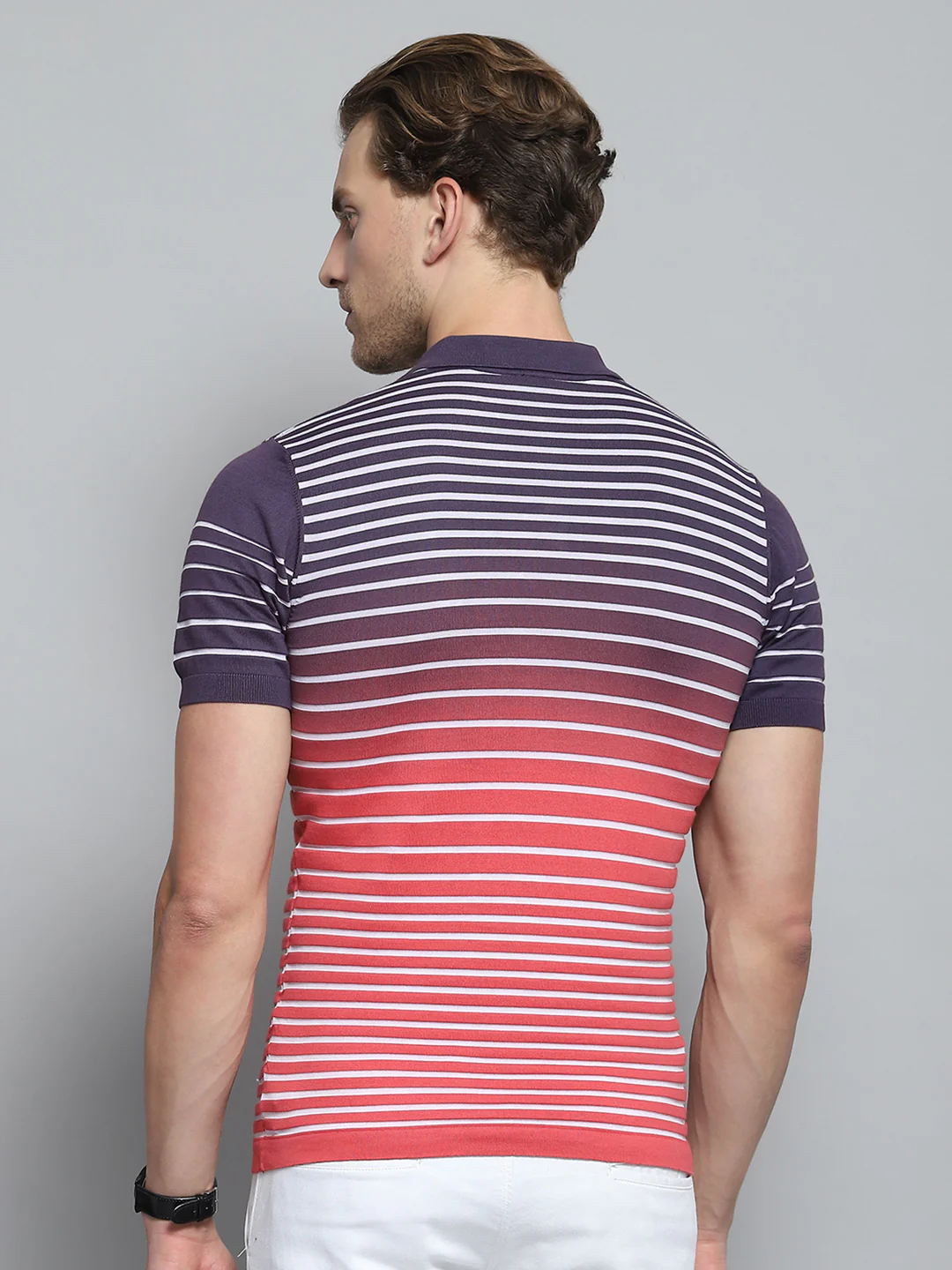 Men Purple Stripe Collar Half Sleeve T-Shirt - Image 5