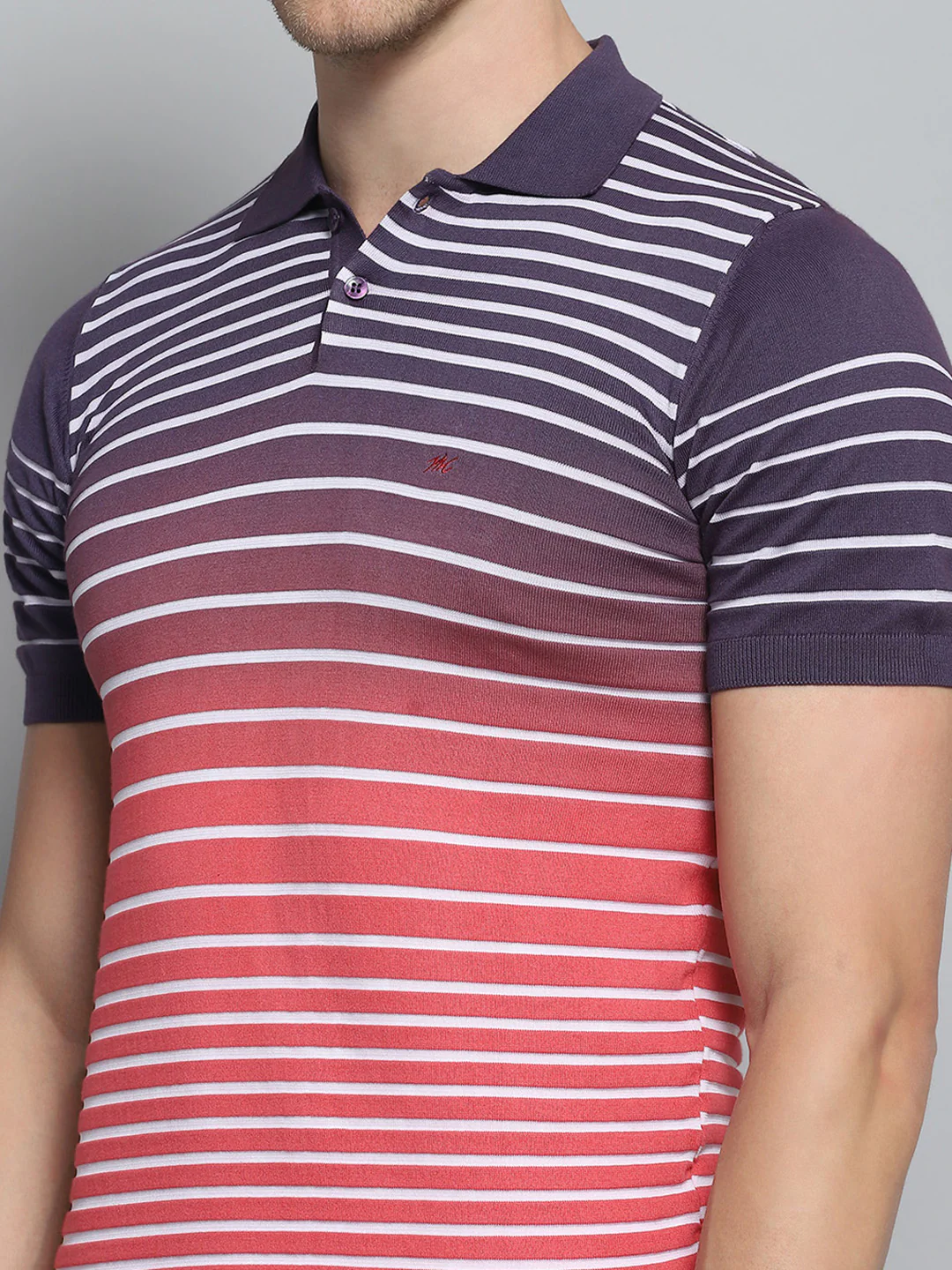 Men Purple Stripe Collar Half Sleeve T-Shirt - Image 6