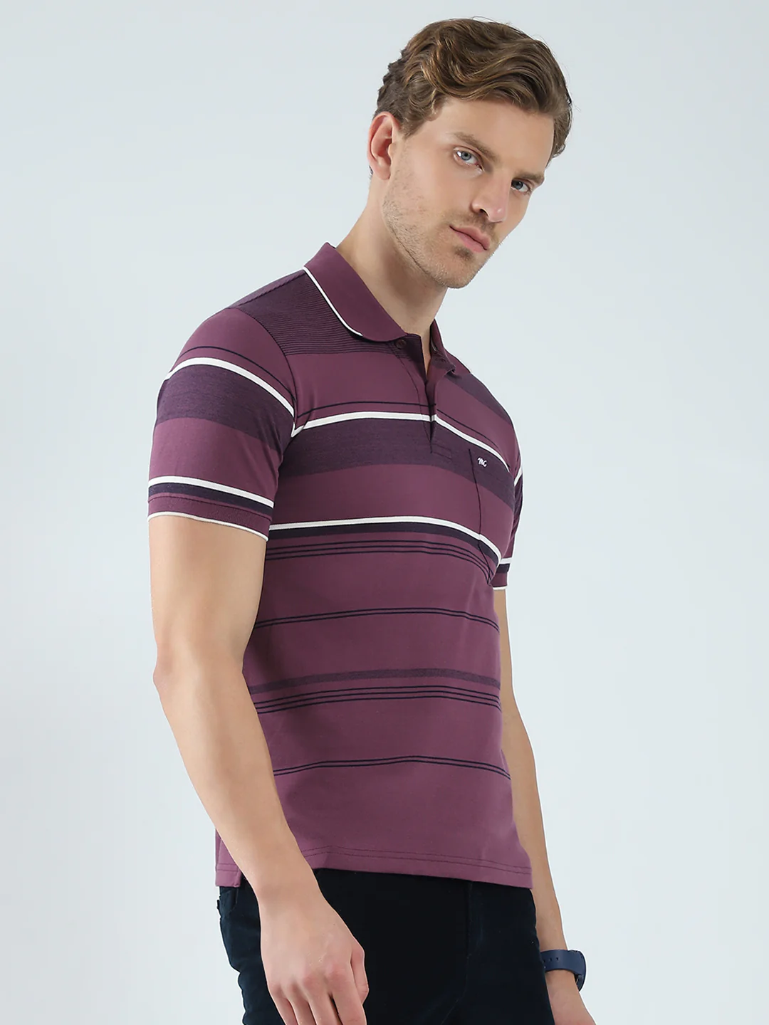 Men Purple Stripe Collar Half Sleeve T-Shirt - Image 4
