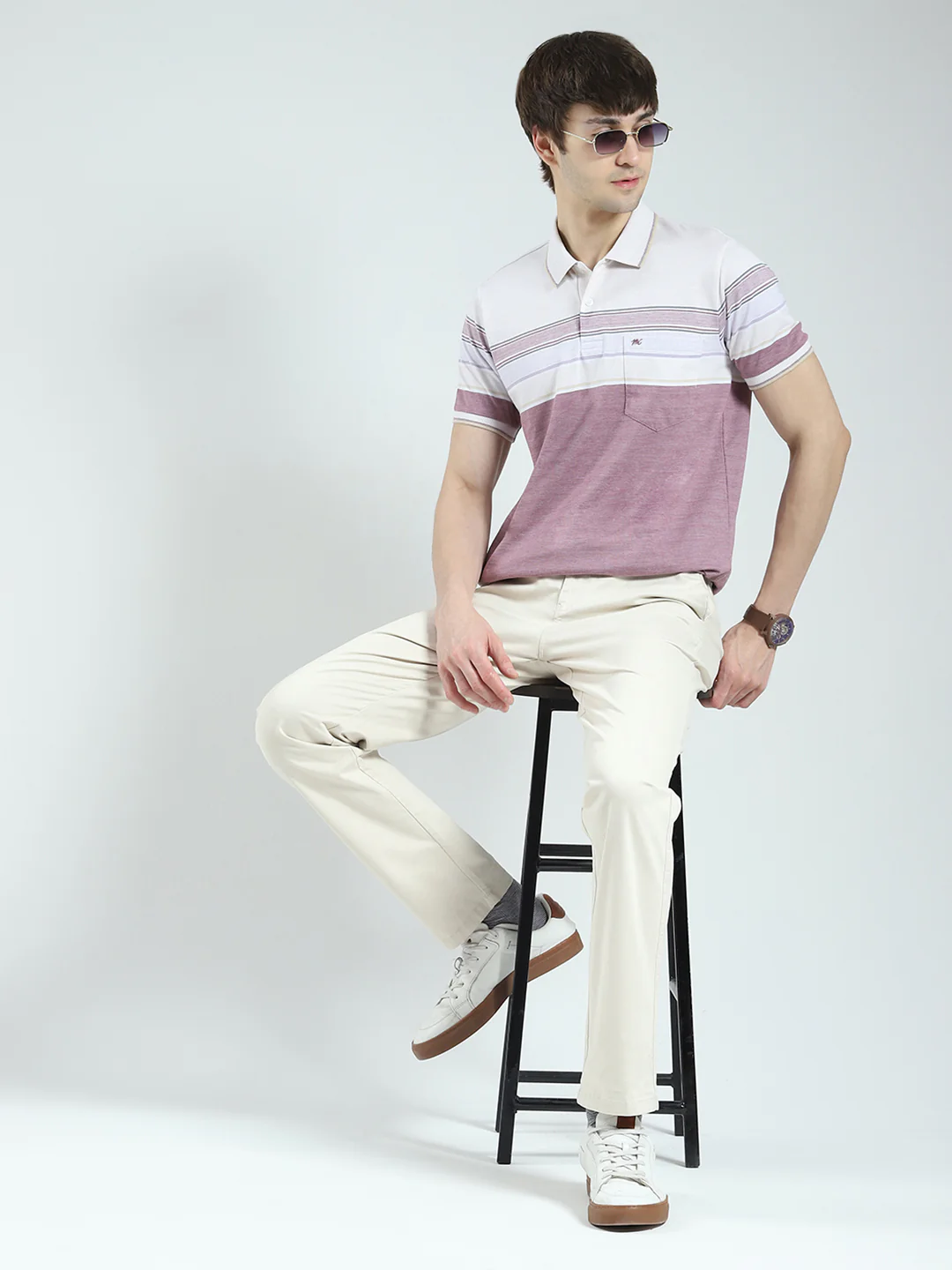 Men Purple Stripe Collar Half Sleeve T-Shirt - Image 2
