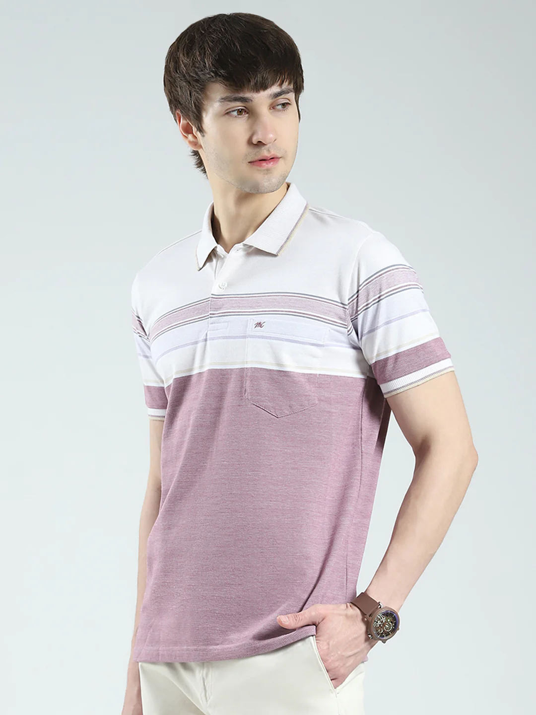 Men Purple Stripe Collar Half Sleeve T-Shirt - Image 3