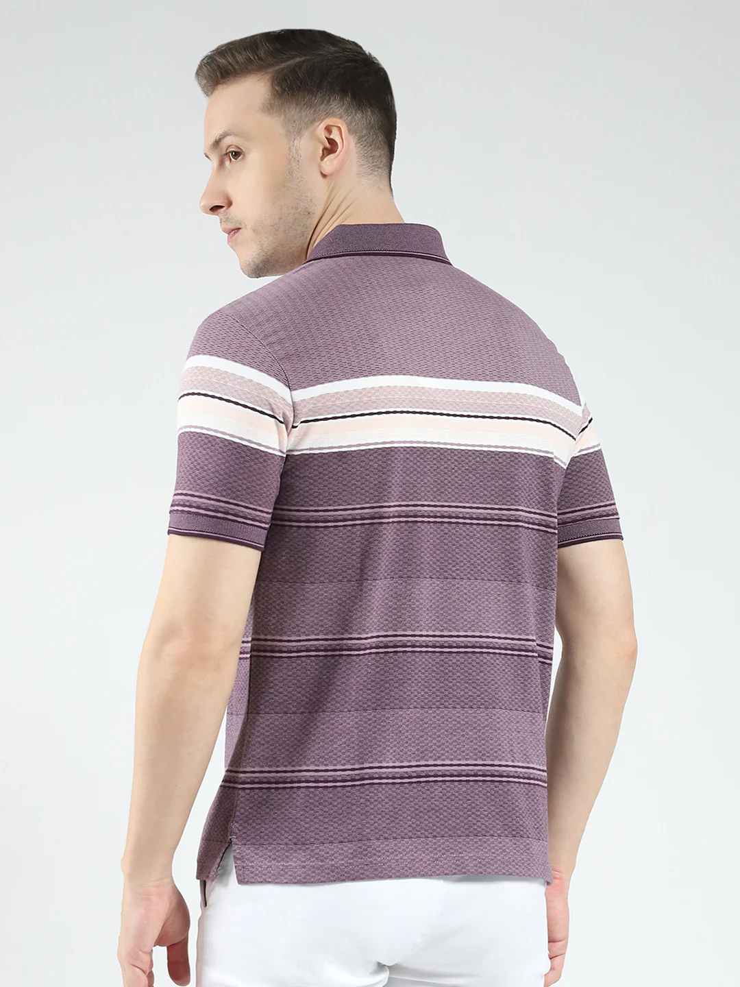 Men Purple Stripe Collar Half Sleeve T-Shirt - Image 5