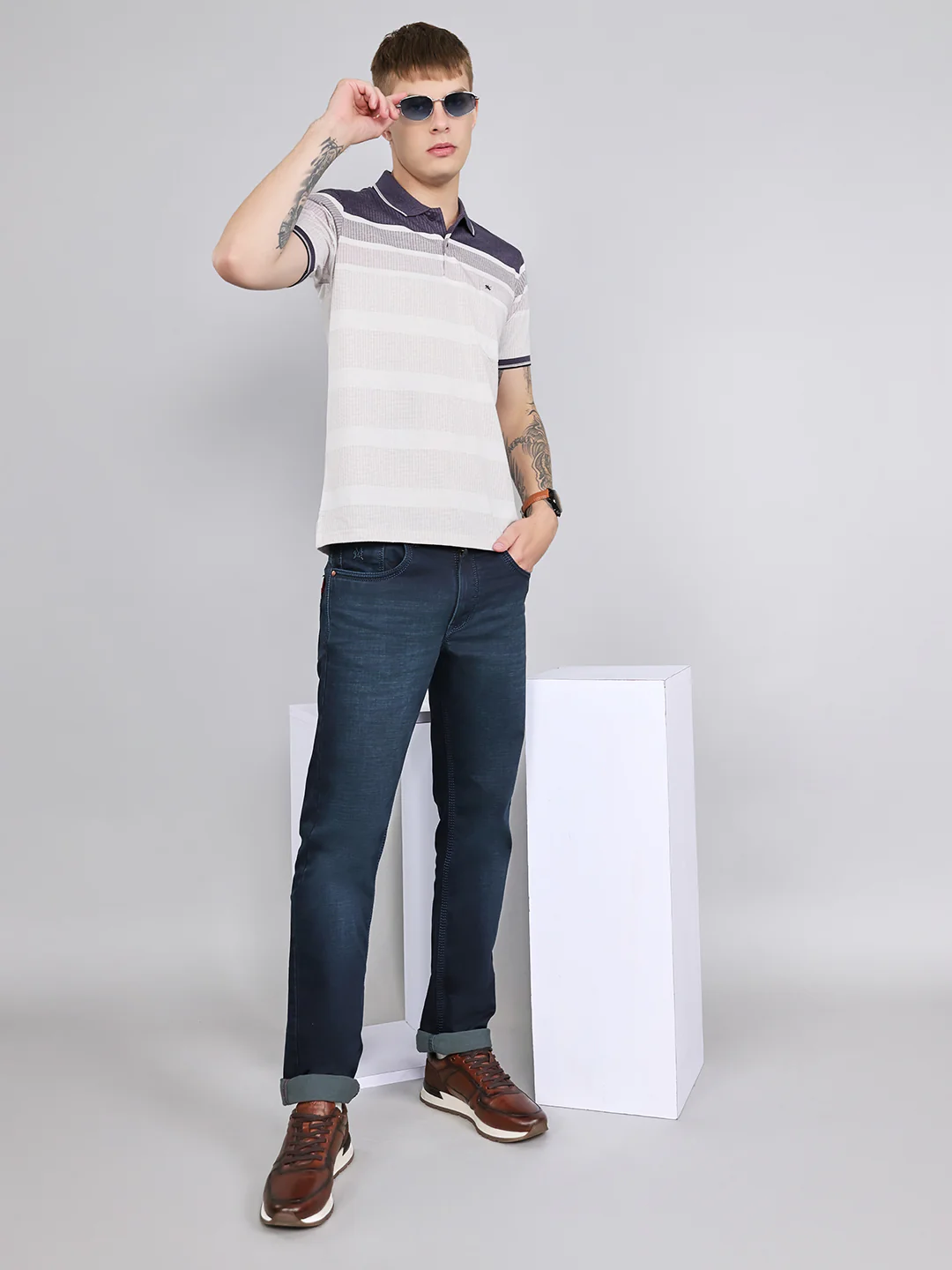 Men Purple Stripe Collar Half Sleeve T-Shirt - Image 6