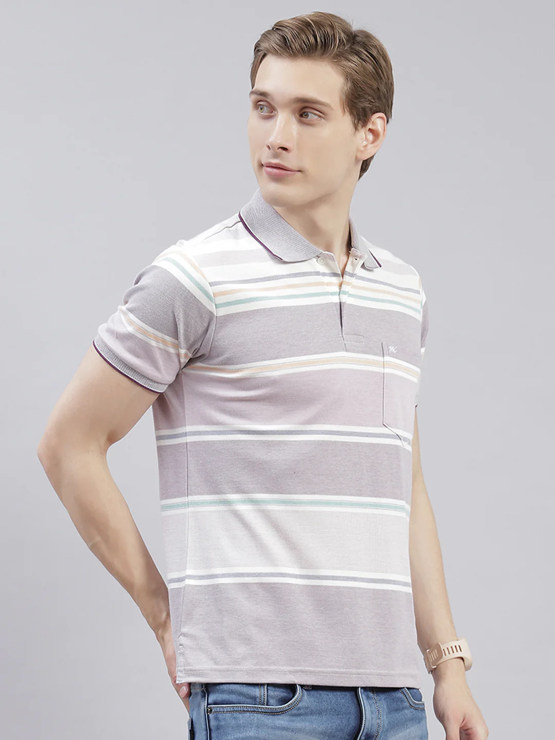 Men Purple Stripe Collar Half Sleeve T-Shirts - Image 4