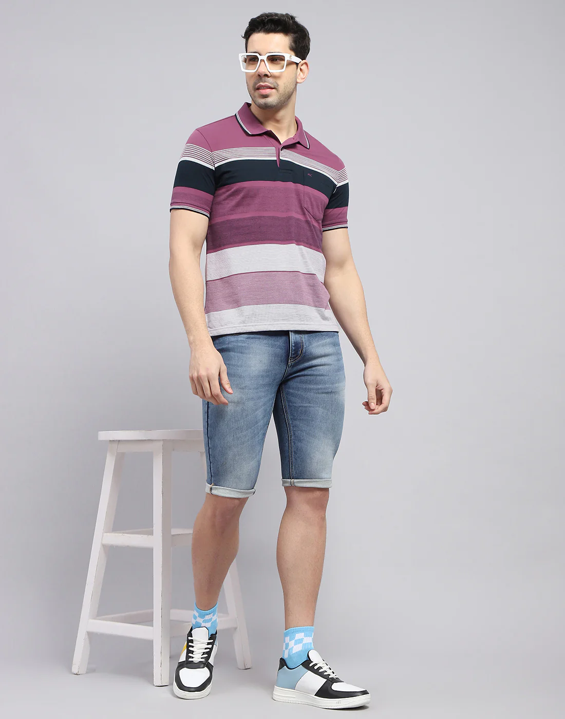 Men Purple Stripe Polo Collar Half Sleeve T-Shirt - Image 2