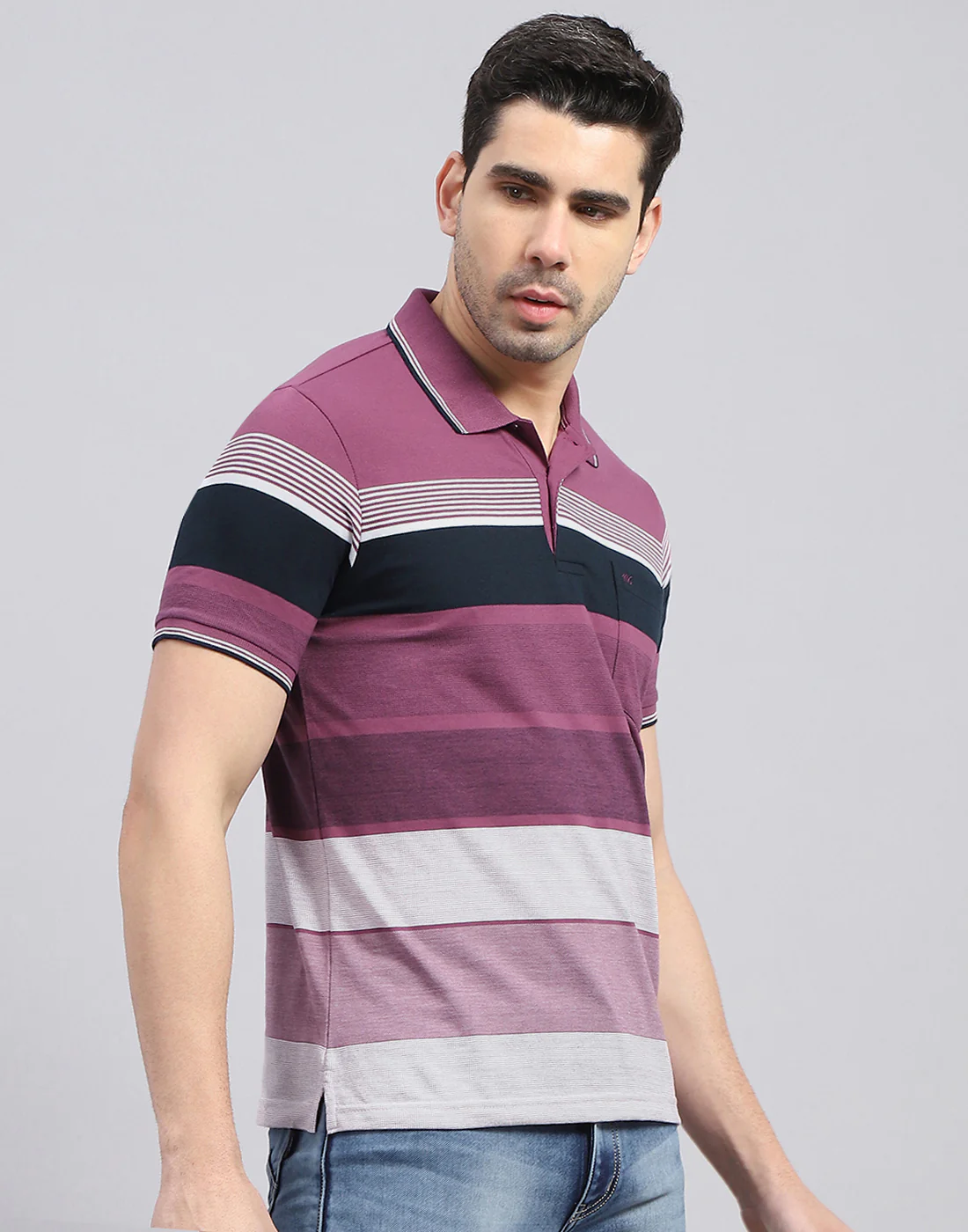 Men Purple Stripe Polo Collar Half Sleeve T-Shirt - Image 4