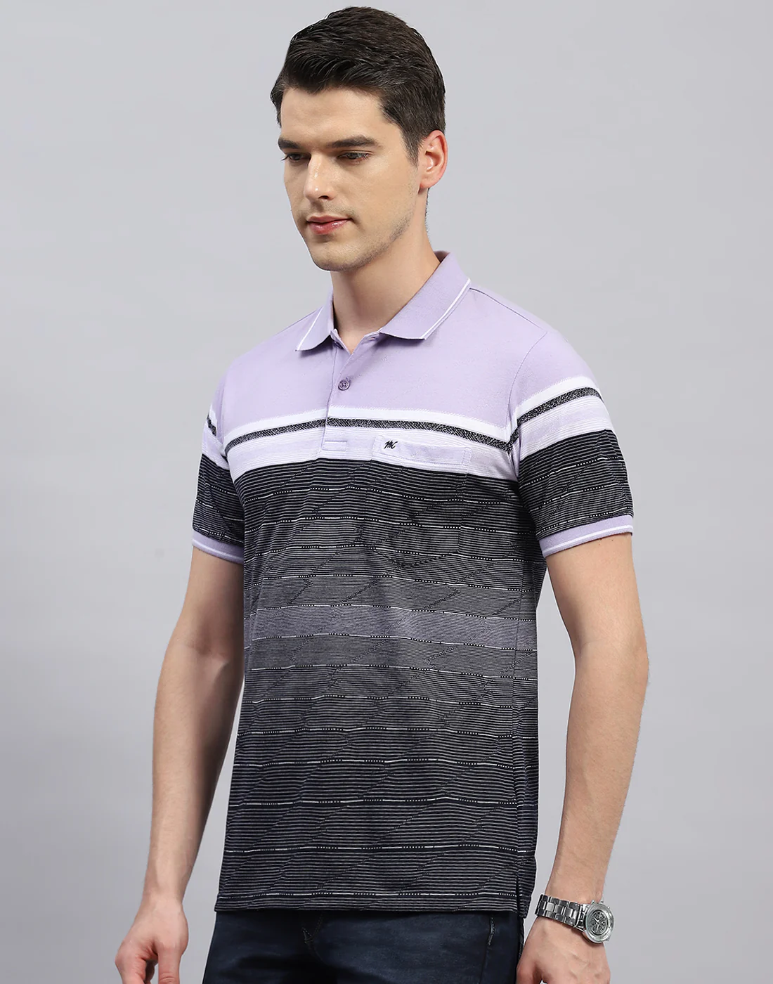 Men Purple Stripe Polo Collar Half Sleeve T-Shirt - Image 3