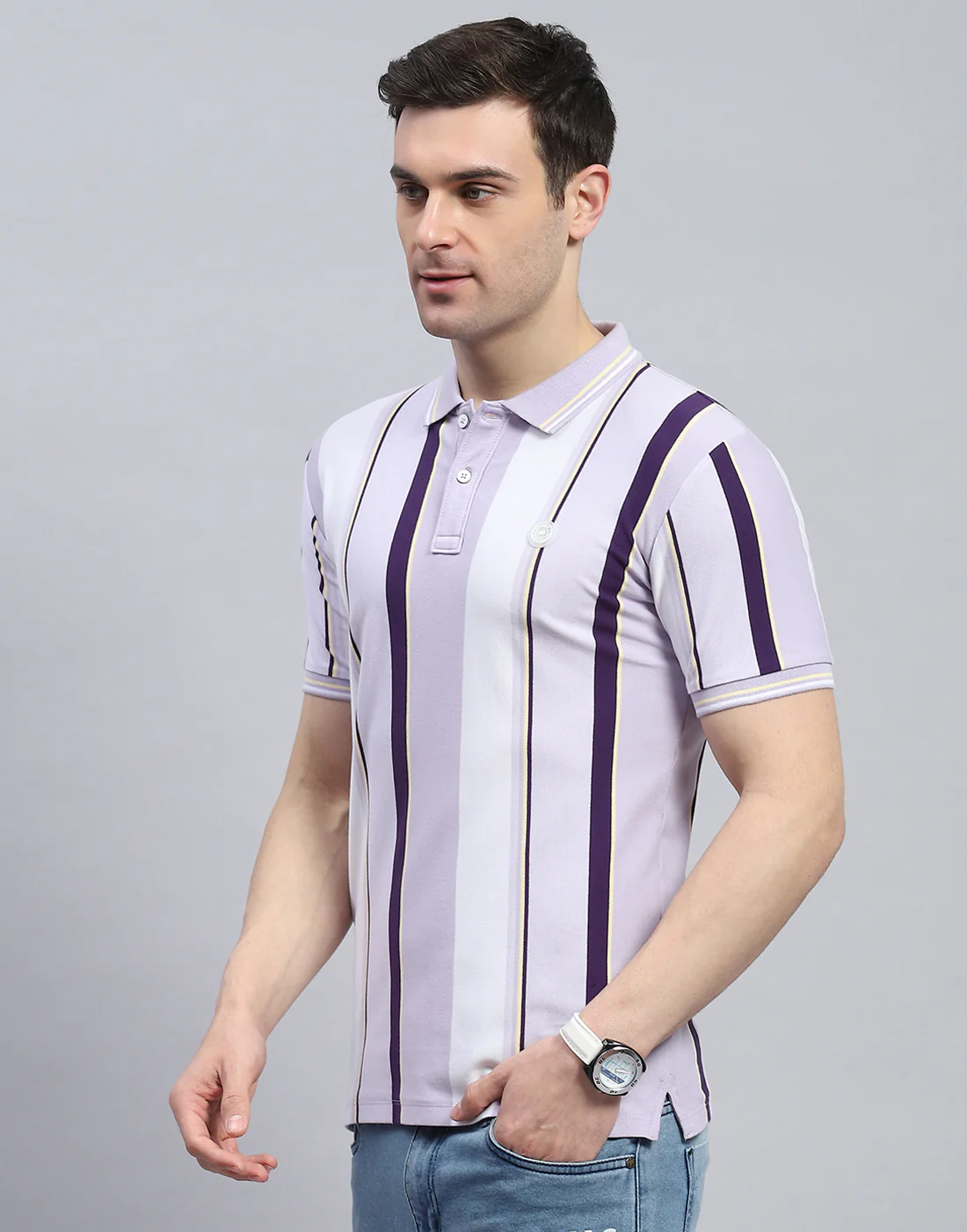 Men Purple Stripe Polo Collar Half Sleeve T-Shirt - Image 3