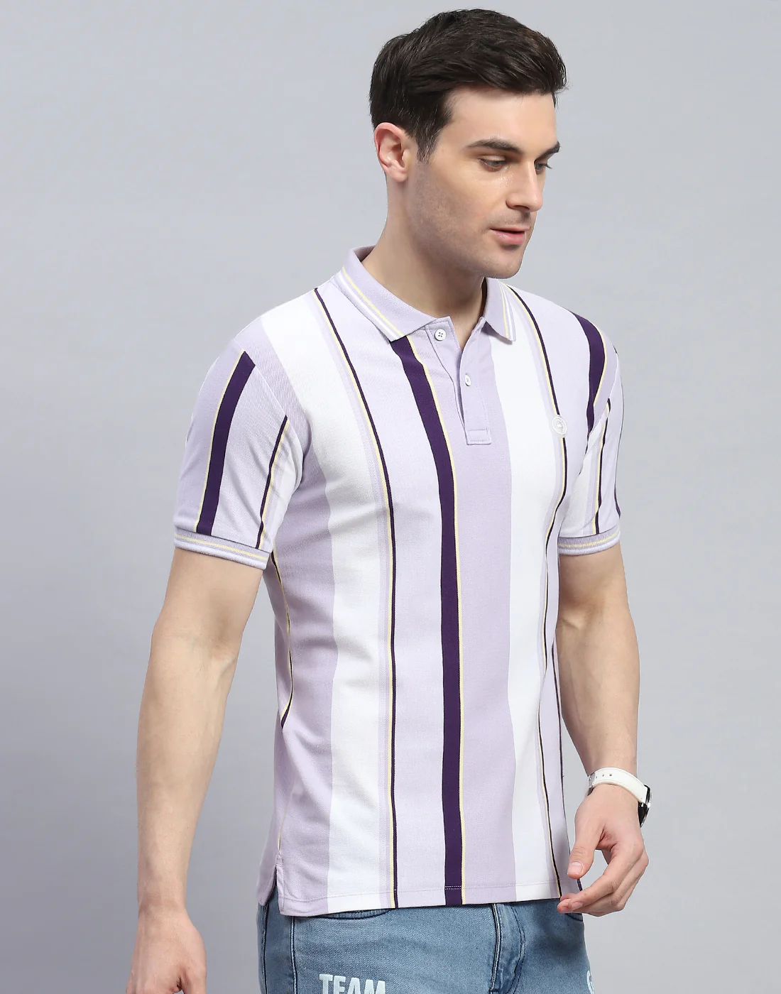 Men Purple Stripe Polo Collar Half Sleeve T-Shirt - Image 4