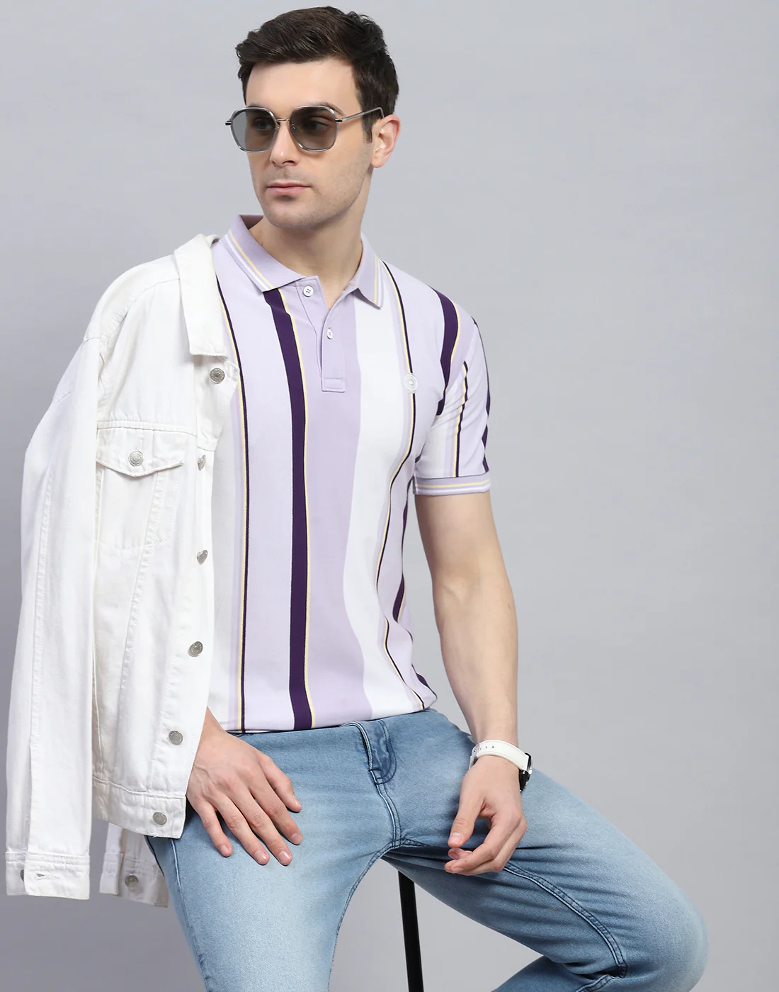 Men Purple Stripe Polo Collar Half Sleeve T-Shirt - Image 6