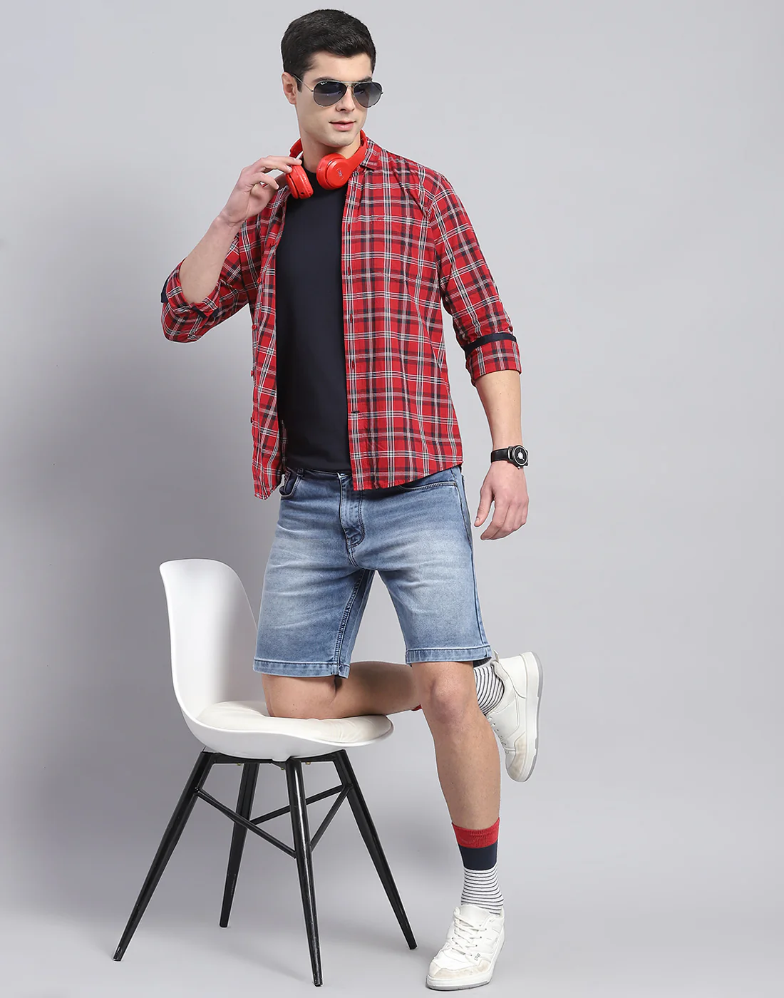 Men Red Check Collar Full Sleeve Shirt - Image 2