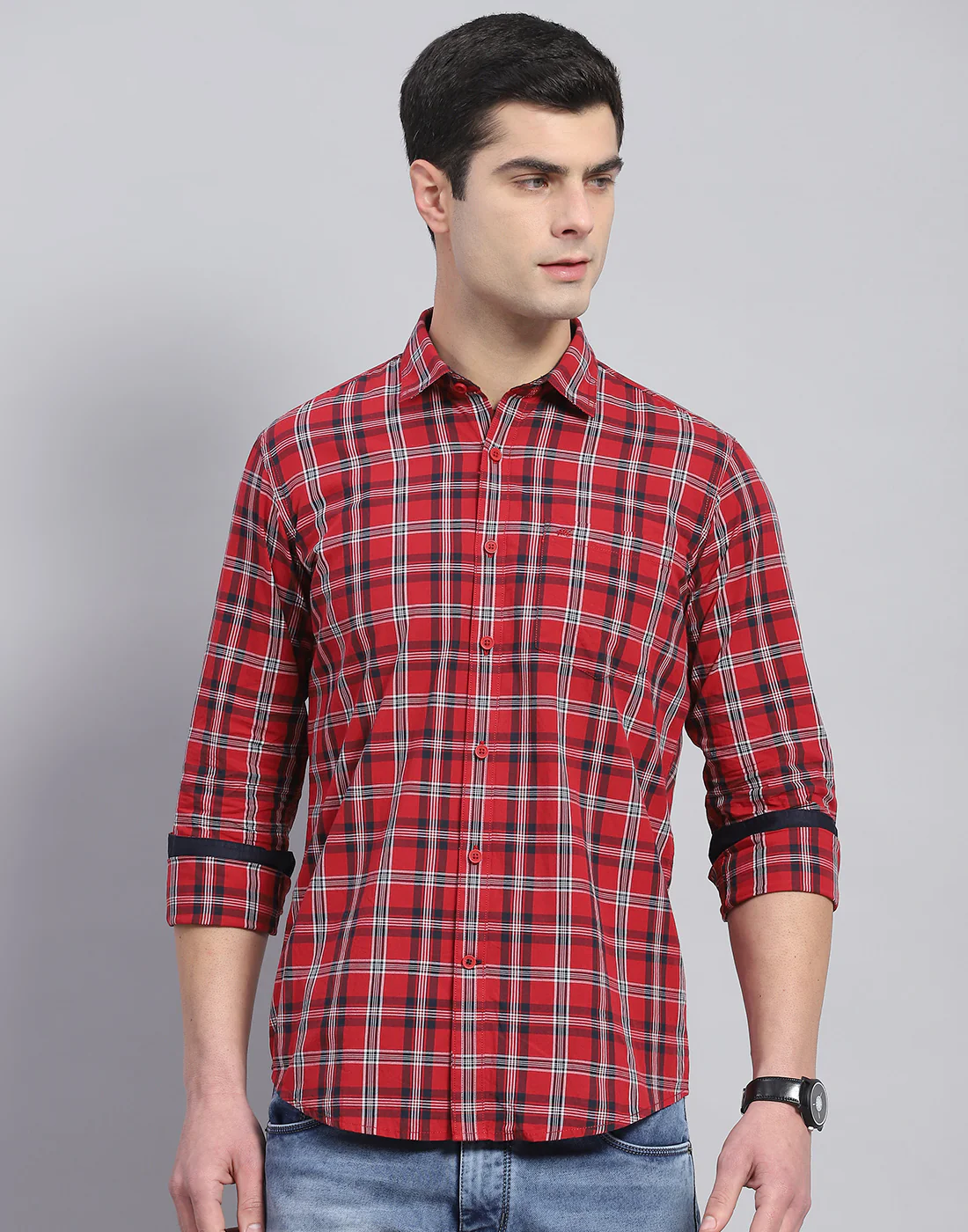 Men Red Check Collar Full Sleeve Shirt - Image 3