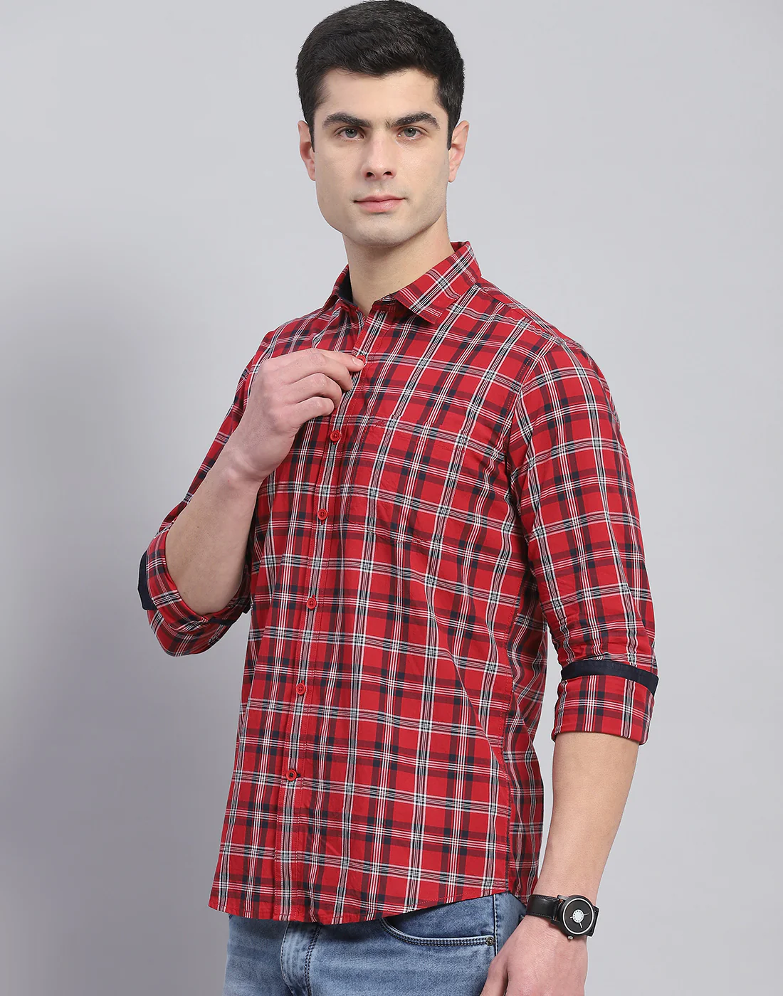 Men Red Check Collar Full Sleeve Shirt - Image 4