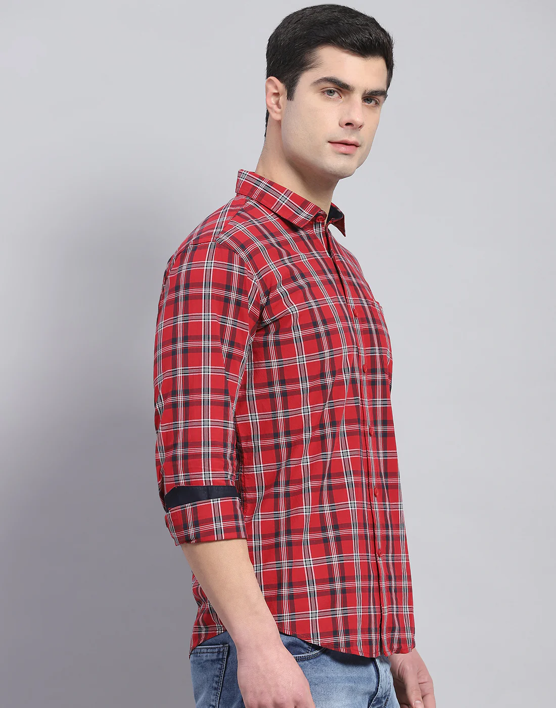 Men Red Check Collar Full Sleeve Shirt - Image 5