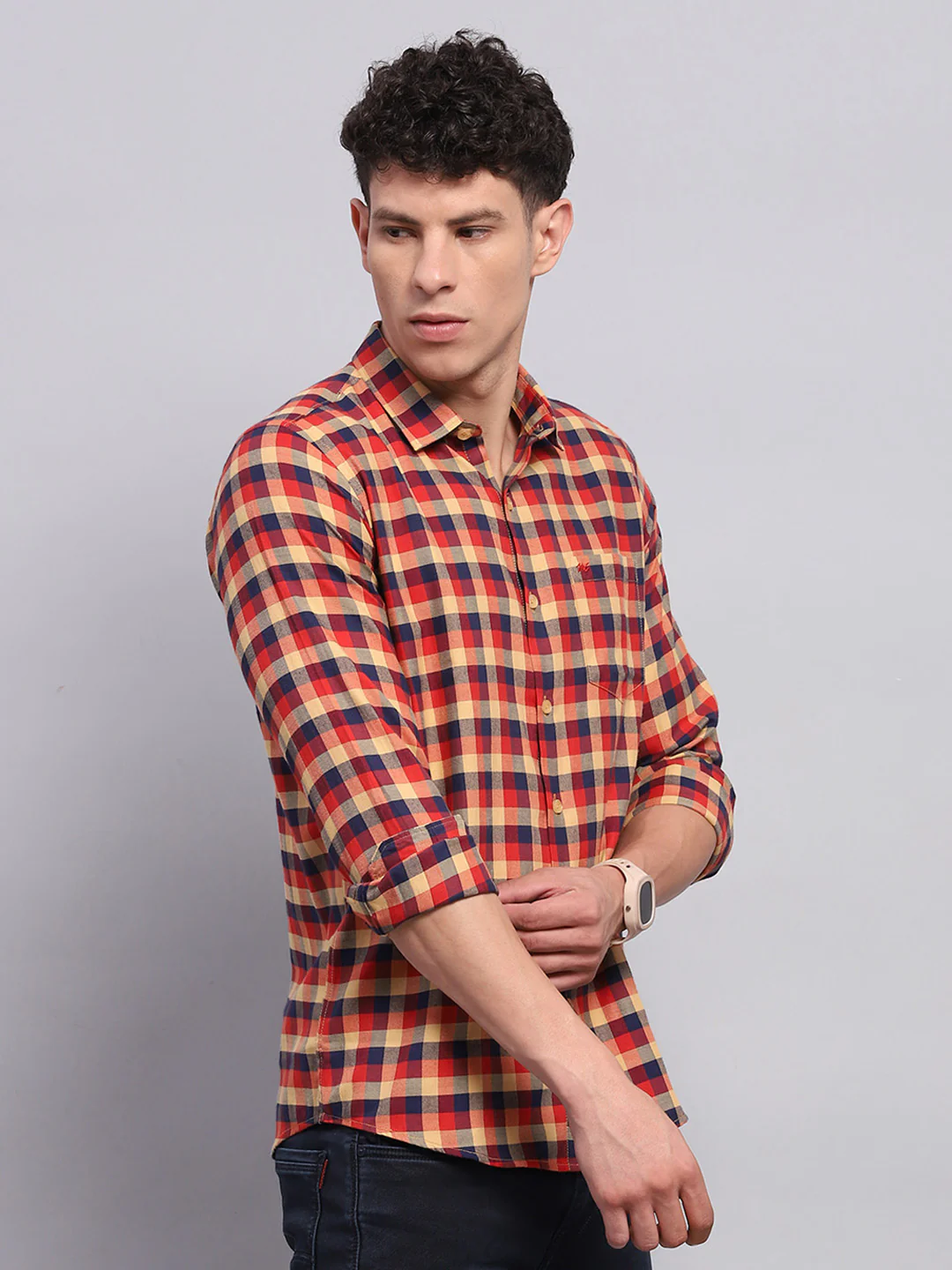 Men Red Check Collar Full Sleeve Shirt - Image 4