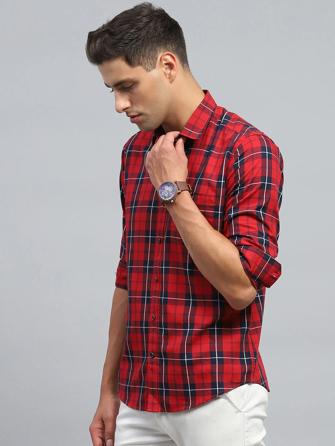 Men Red Check Collar Full Sleeve Shirt - Image 3