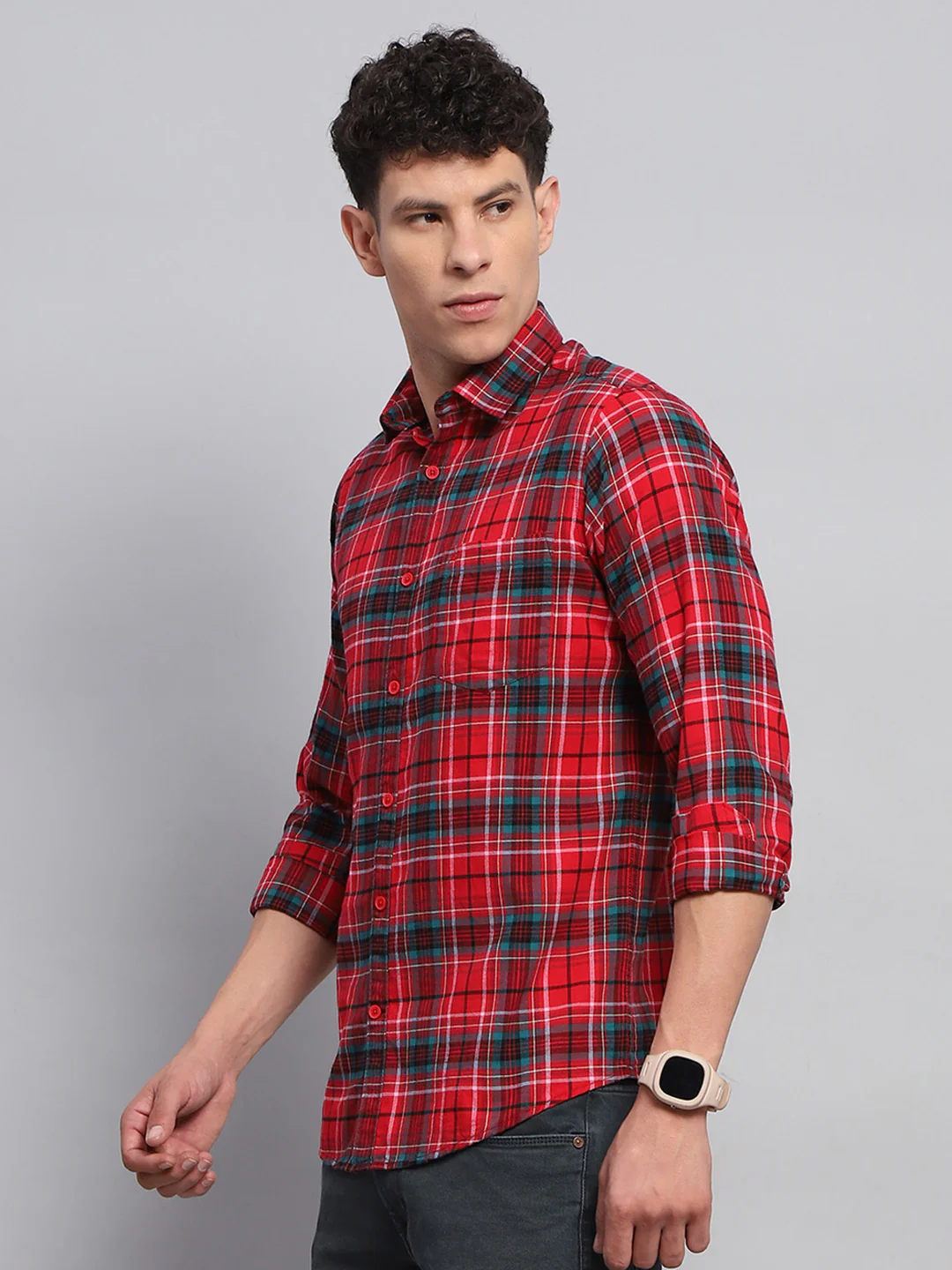 Men Red Check Collar Full Sleeve Shirt - Image 3