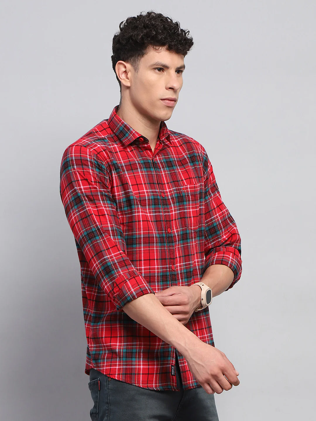 Men Red Check Collar Full Sleeve Shirt - Image 4