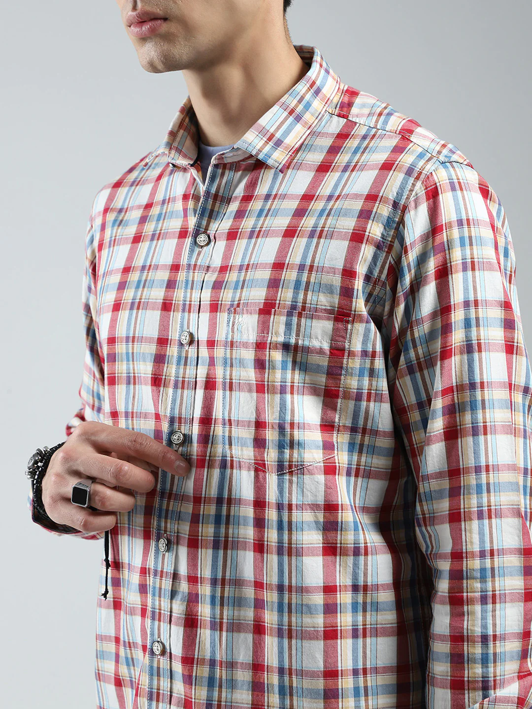 Men Red Check Collar Full Sleeve Shirt - Image 7