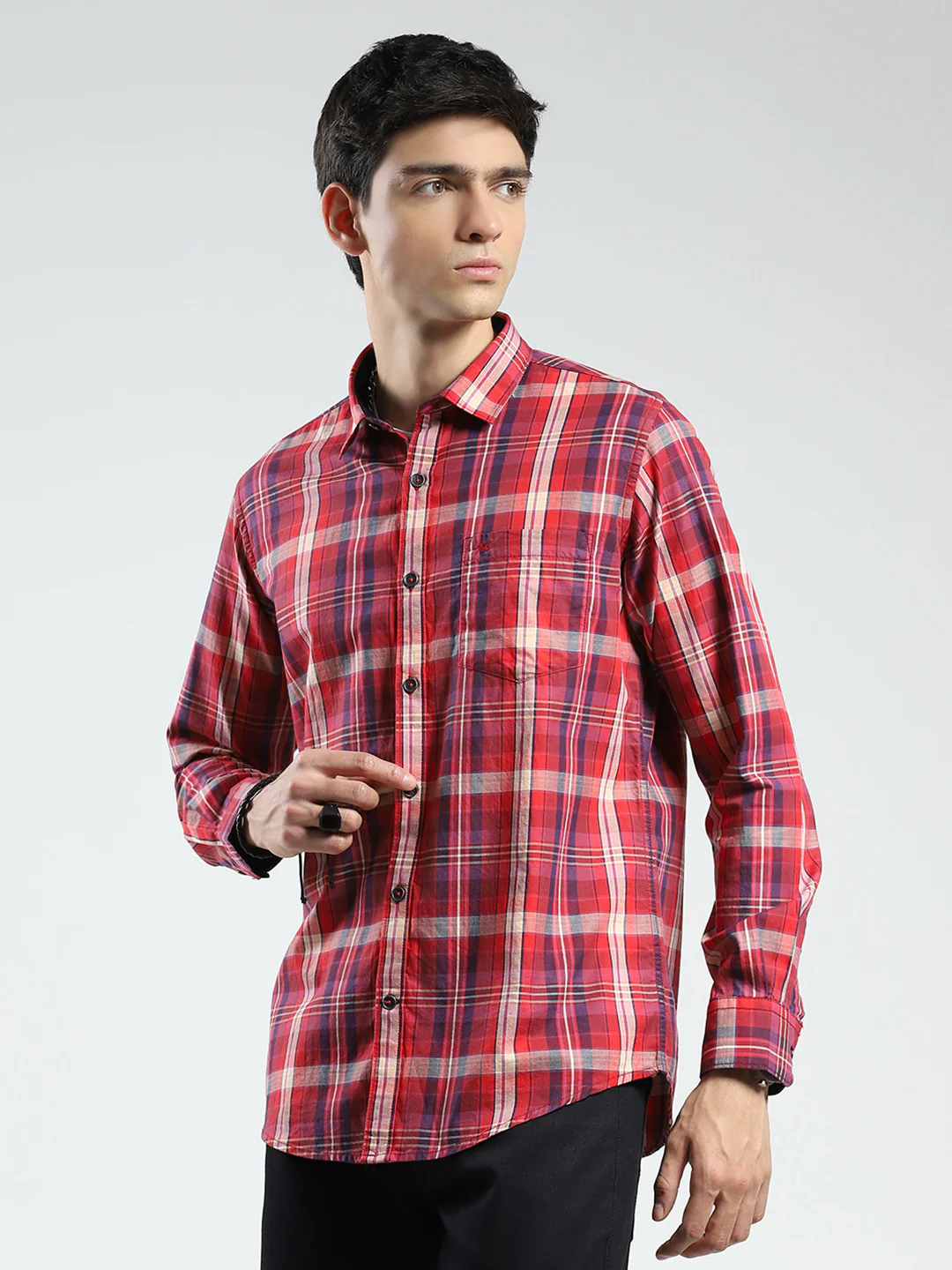 Men Red Check Collar Full Sleeve Shirt - Image 3