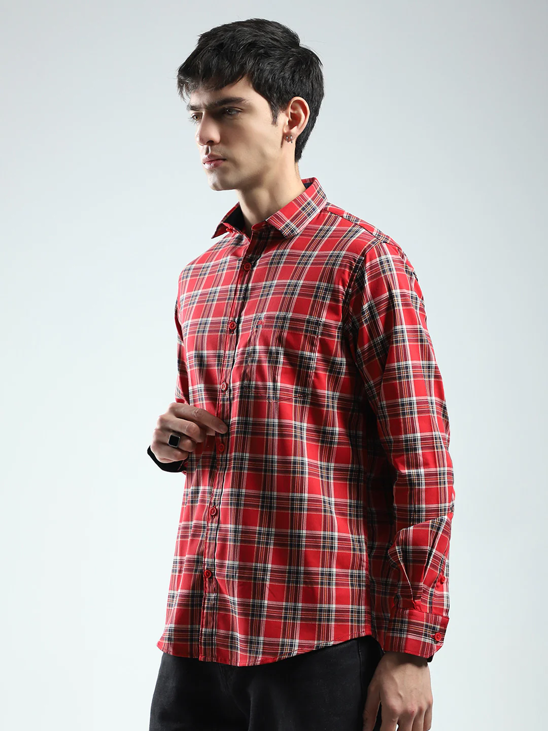 Men Red Check Collar Full Sleeve Shirt - Image 3