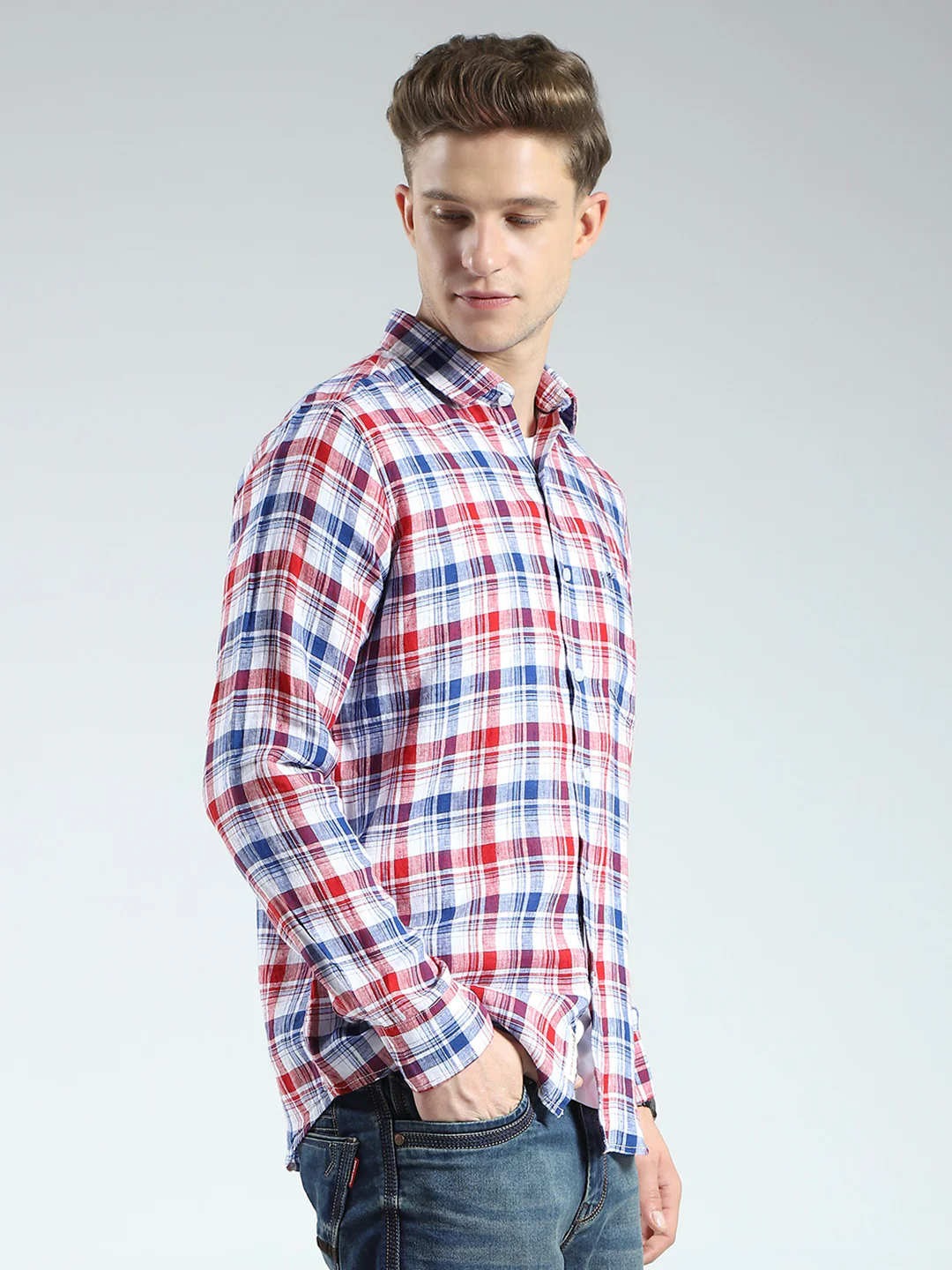 Men Red Check Collar Full Sleeve Linen Shirt - Image 4