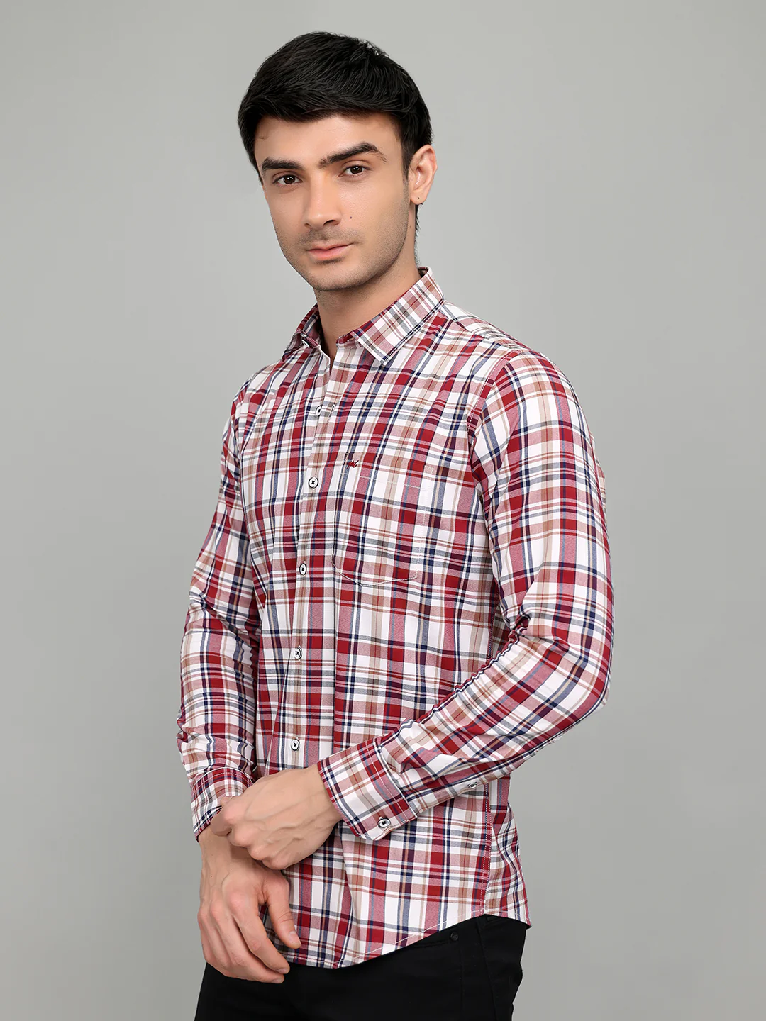 Men Red Check Collar Full Sleeve Shirt - Image 2