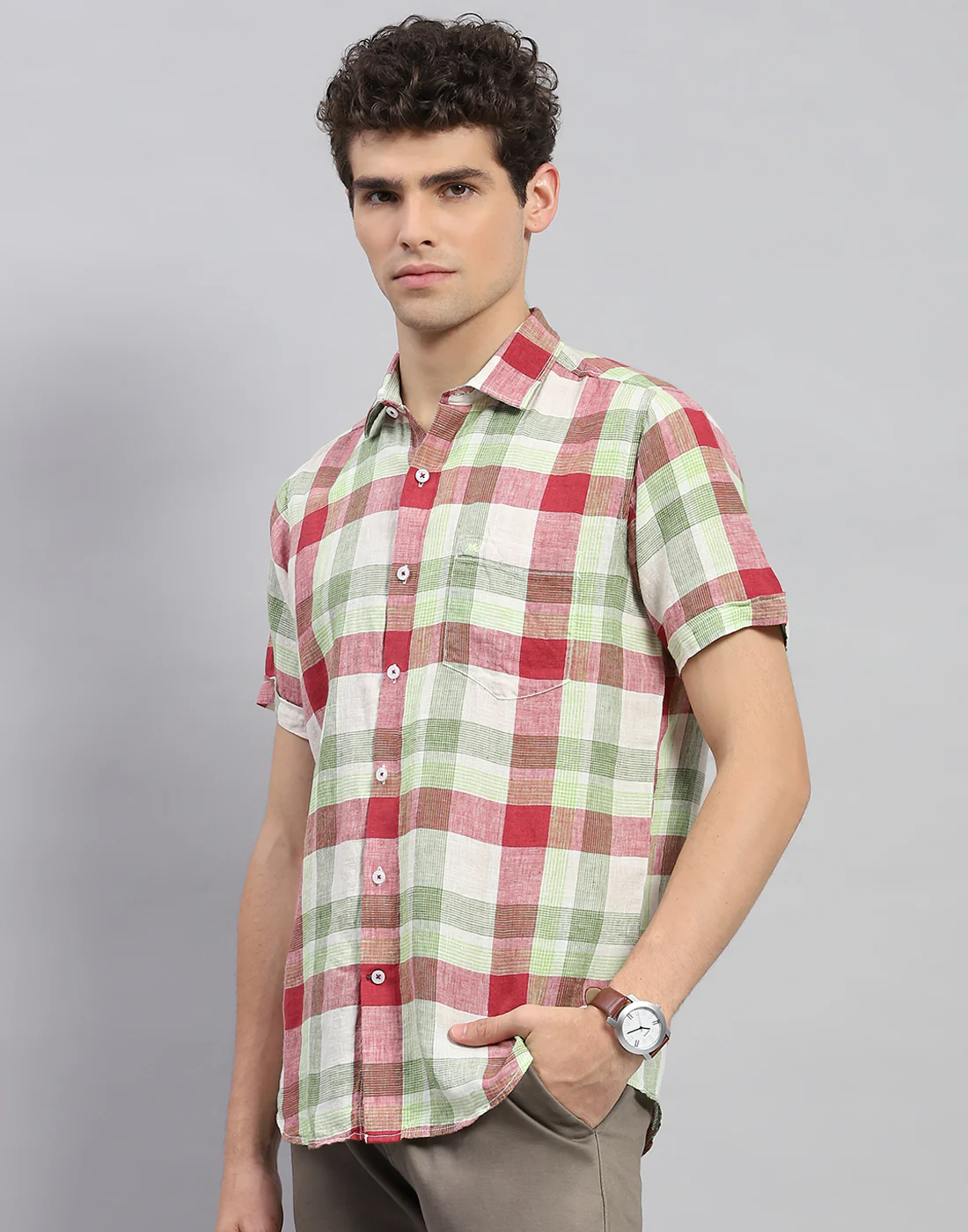 Men Red Check Collar Neck Half Sleeve Linen Shirt - Image 3