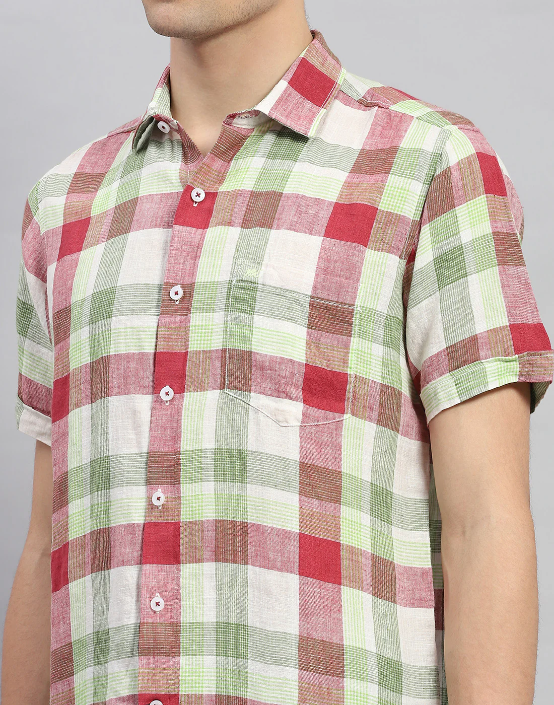 Men Red Check Collar Neck Half Sleeve Linen Shirt - Image 6
