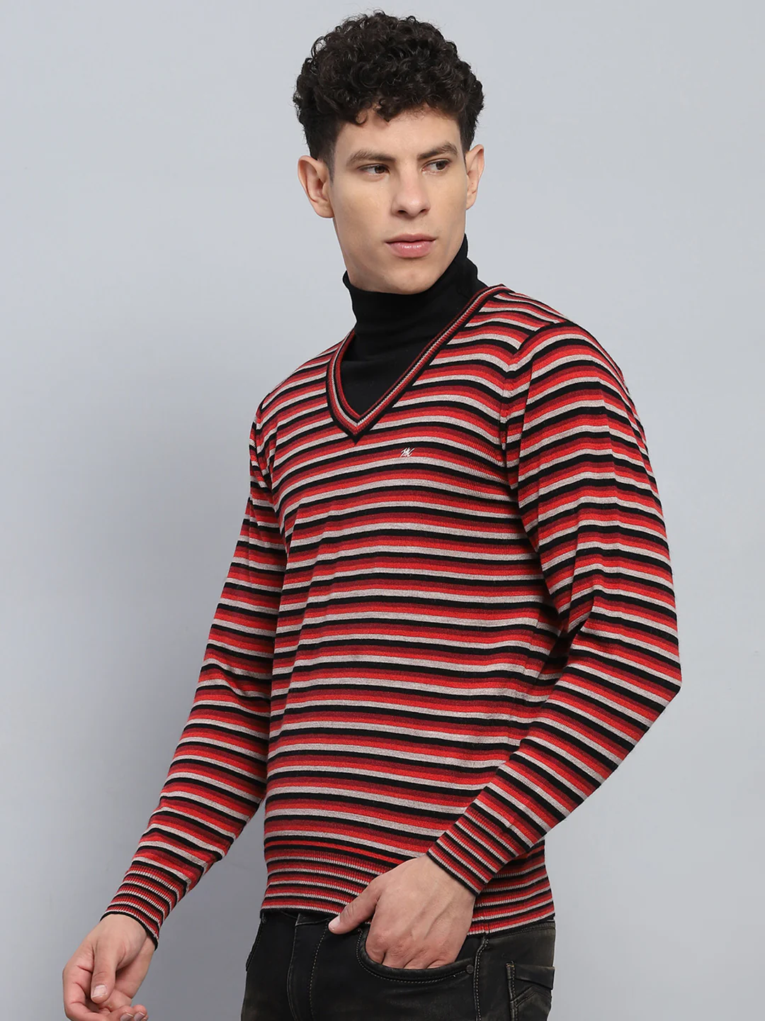 Men Red & Grey Stripe V Neck Full Sleeve Pullover - Image 3