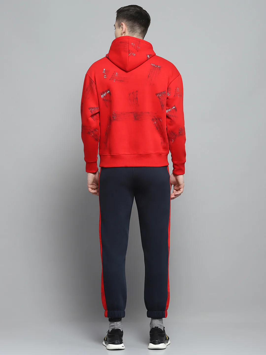 Men Red & Navy Blue Printed Hooded Full Sleeve Winter Tracksuit - Image 5