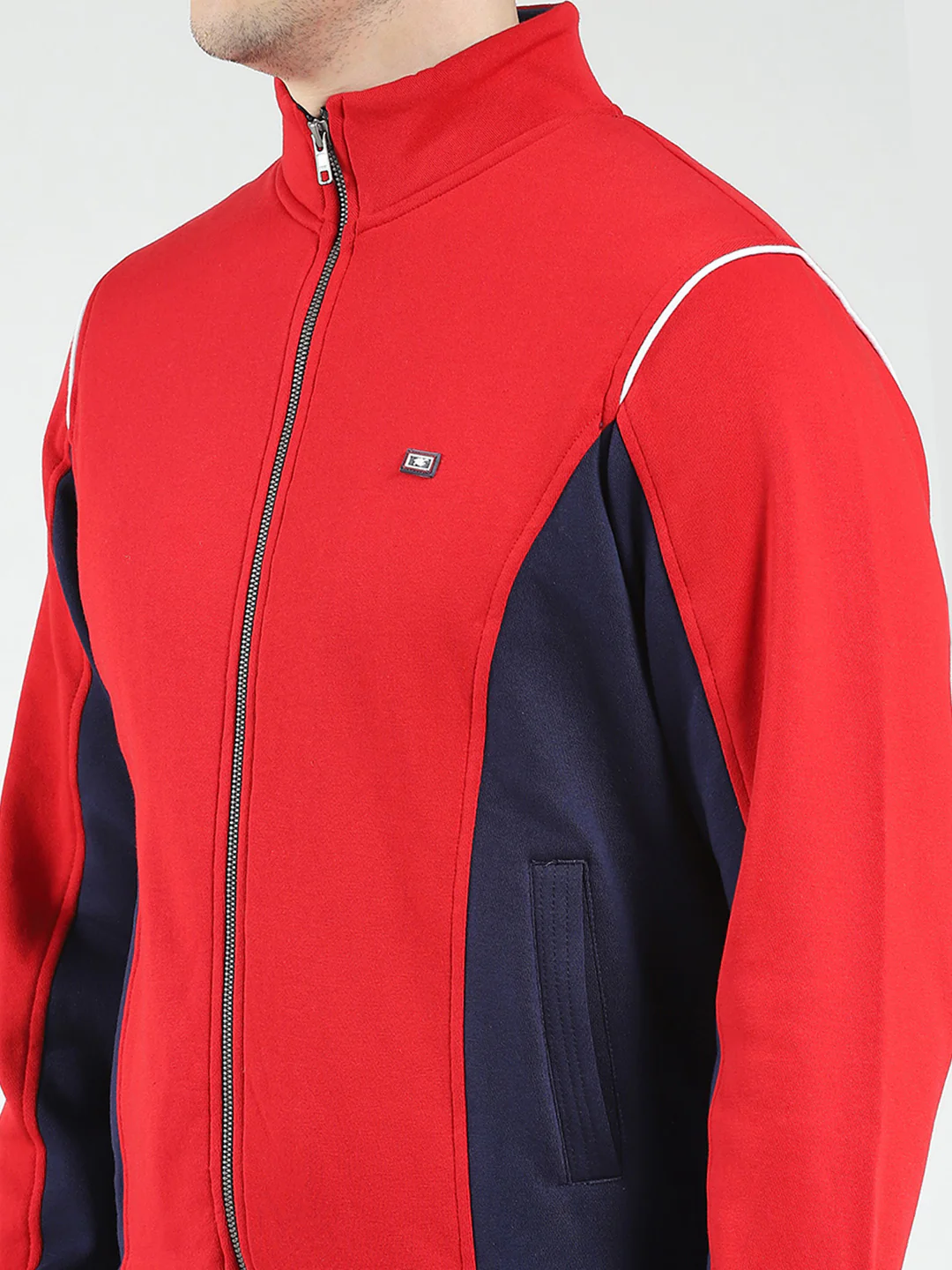 Men Red & Navy Blue Solid Mock Neck Full Sleeve Winter Tracksuit - Image 8