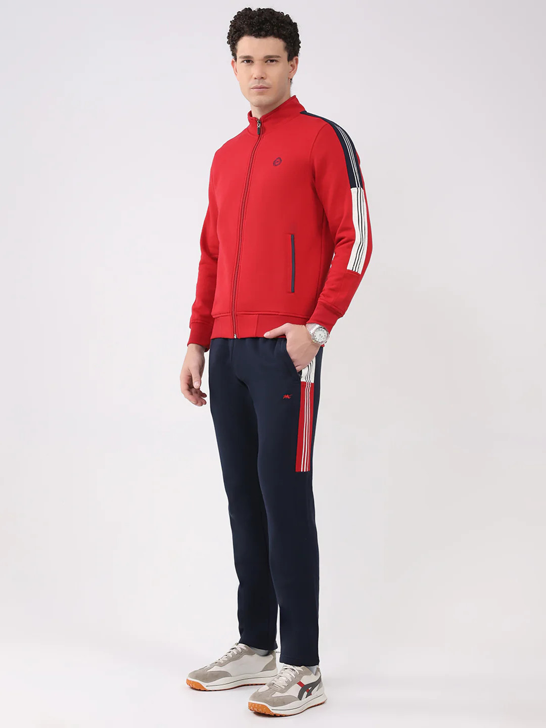 Men Red Printed Collar Full Sleeve Winter Tracksuit - Image 3
