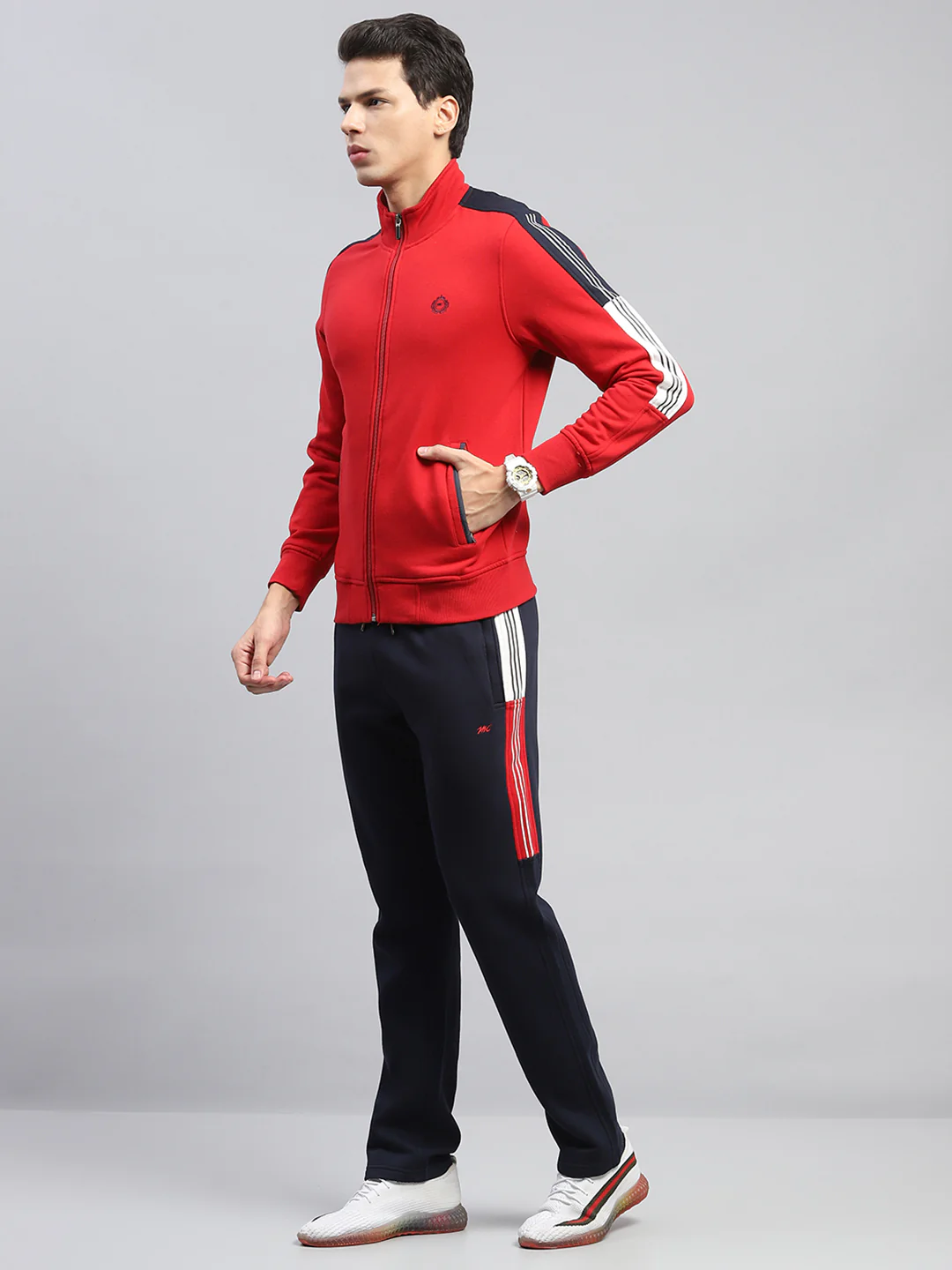 Men Red Printed Mock Neck Full Sleeve Winter Tracksuit - Image 3