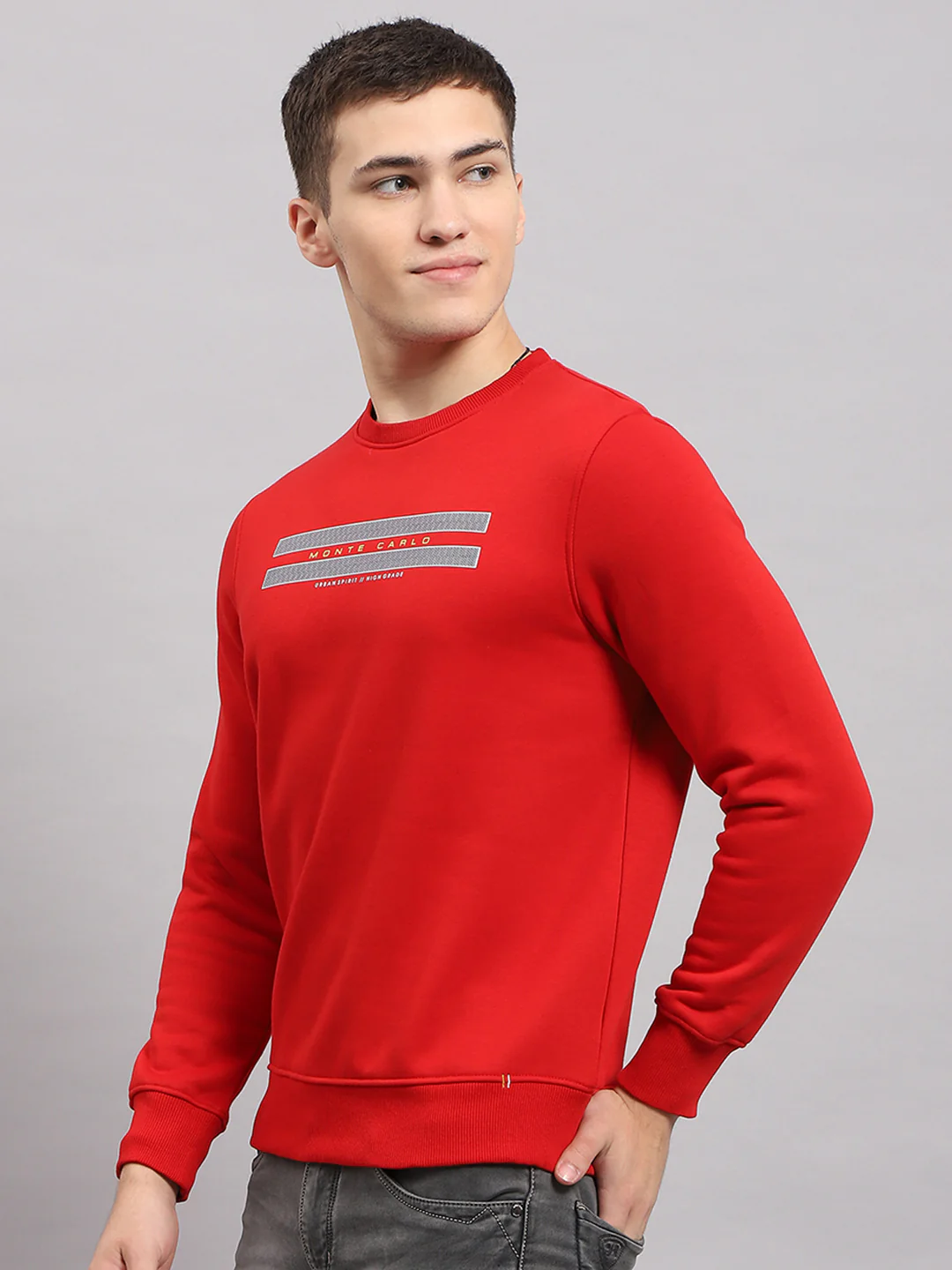 Men Red Printed Round Neck Full Sleeve Sweatshirt - Image 3