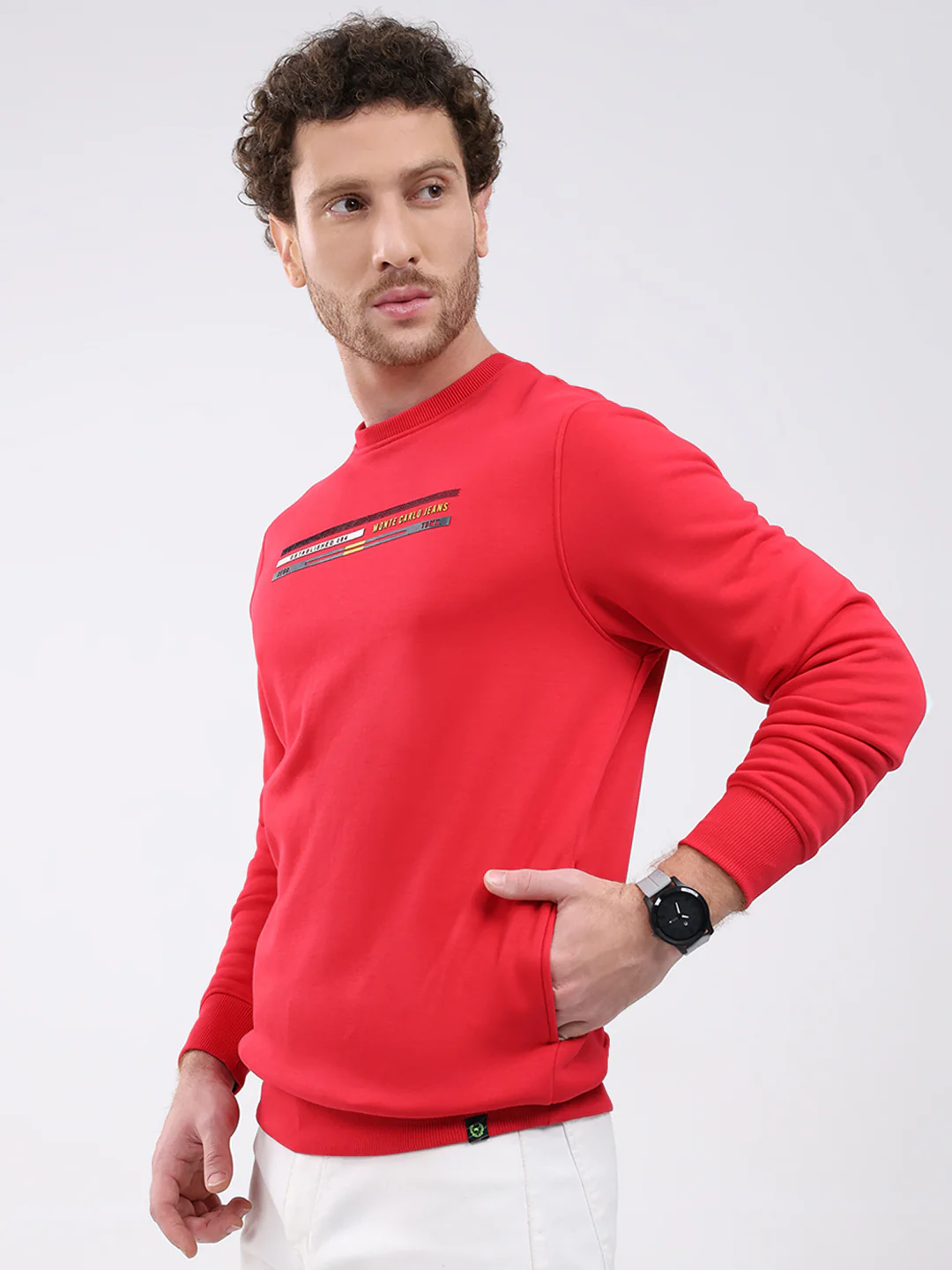 Men Red Printed Round Neck Full Sleeve Sweatshirt - Image 3