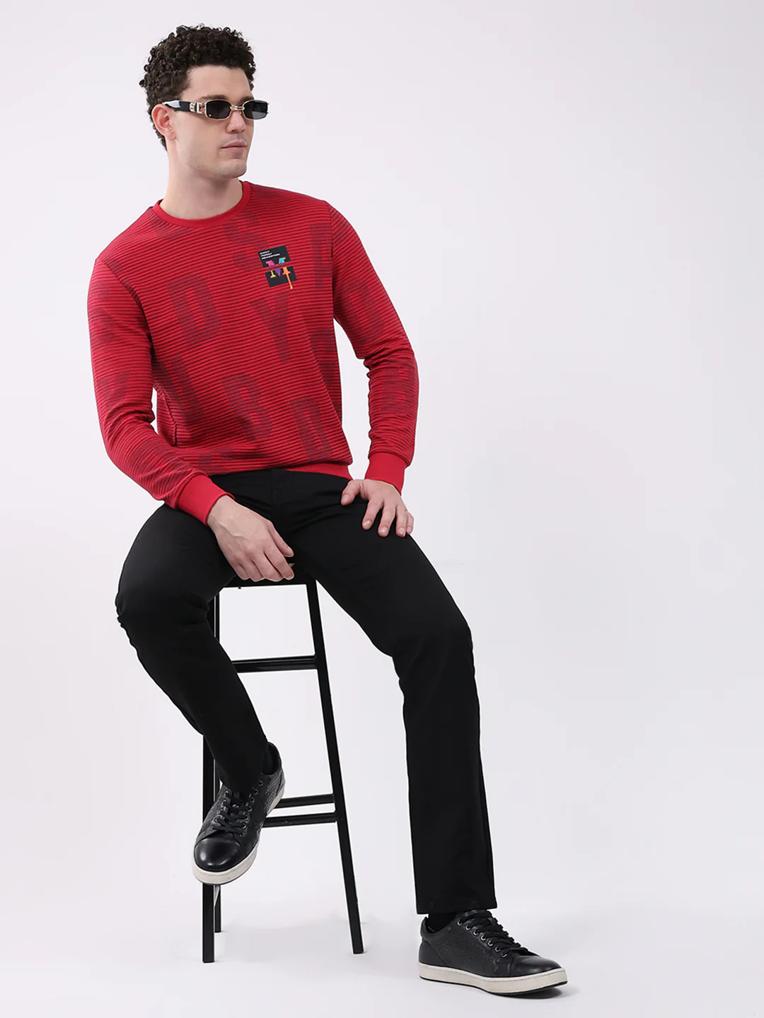 Men Red Printed Round Neck Full Sleeve Winter T-Shirt - Image 2