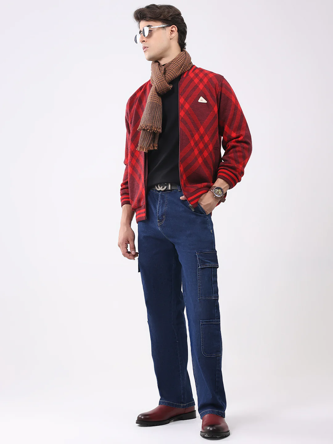 Men Red Printed T Neck Full Sleeve Jacket - Image 2