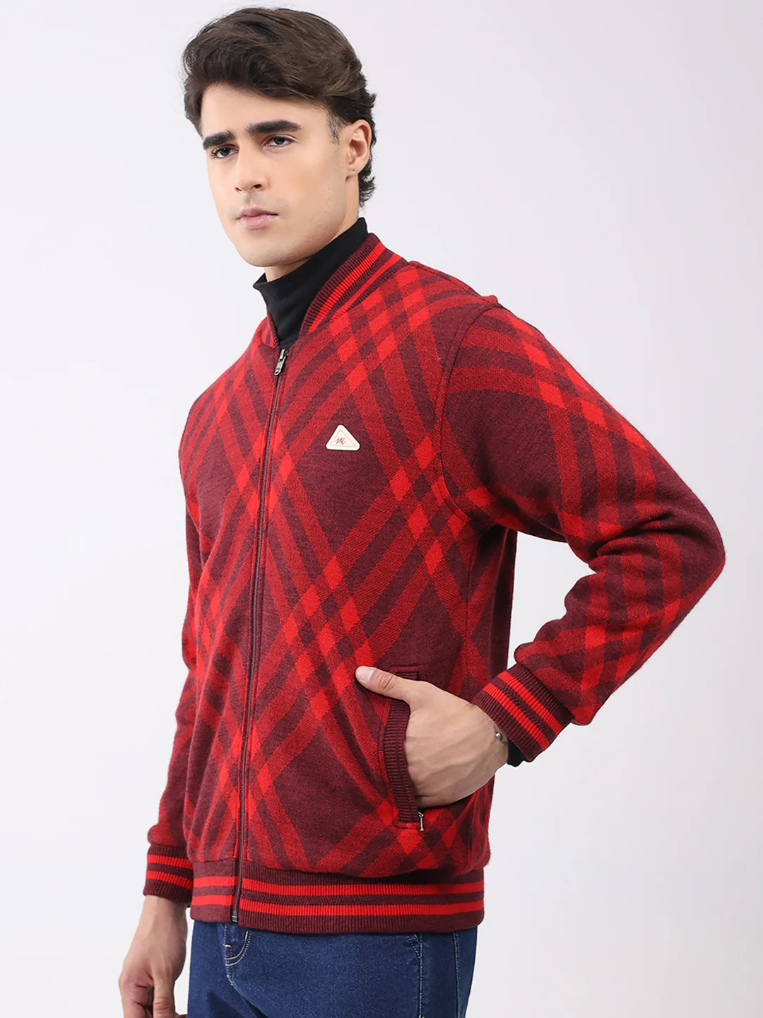 Men Red Printed T Neck Full Sleeve Jacket - Image 3