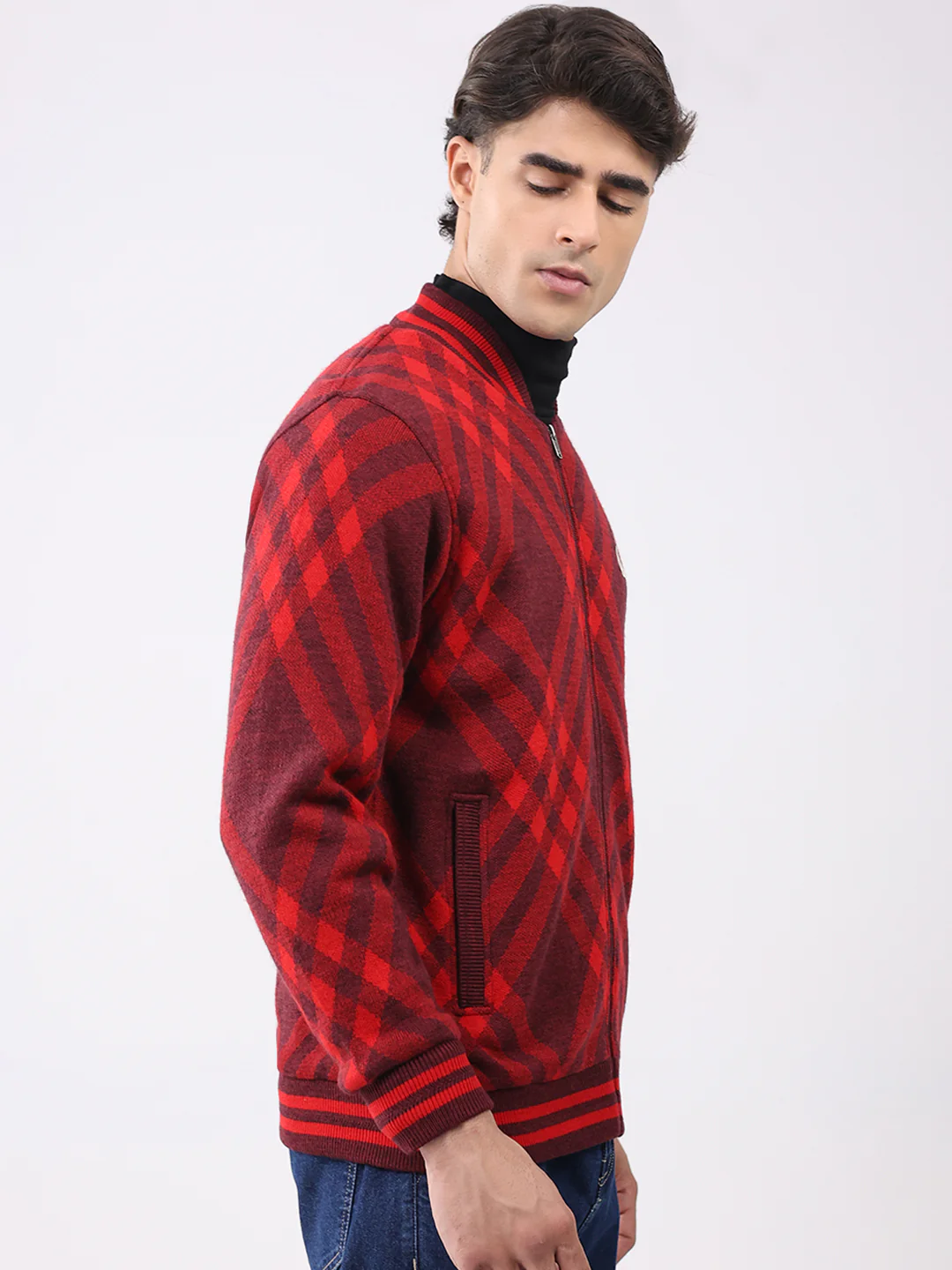 Men Red Printed T Neck Full Sleeve Jacket - Image 4
