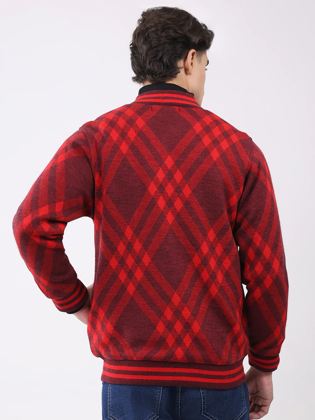 Men Red Printed T Neck Full Sleeve Jacket - Image 5