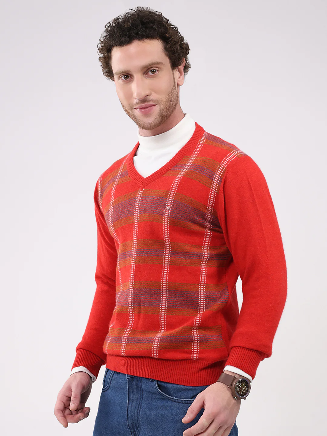 Men Red Printed V Neck Full Sleeve Pullover - Image 3