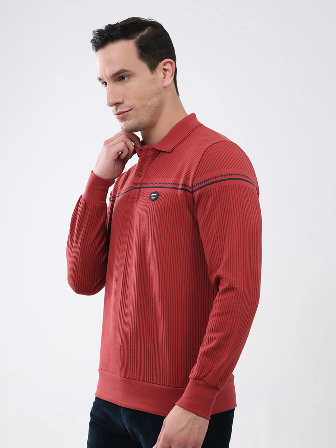 Men Red Self Design Collar Full Sleeve Winter T-Shirt - Image 3