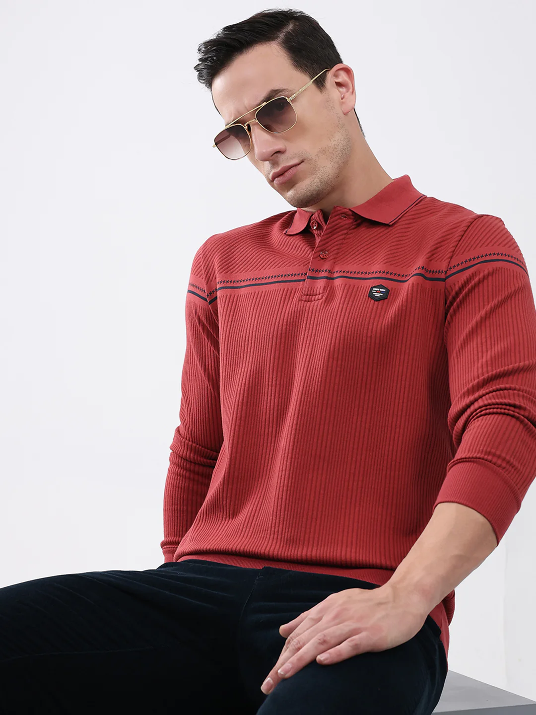 Men Red Self Design Collar Full Sleeve Winter T-Shirt - Image 6