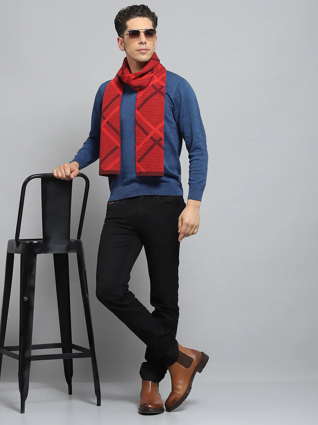 Men Red Self Design Muffler - Image 2