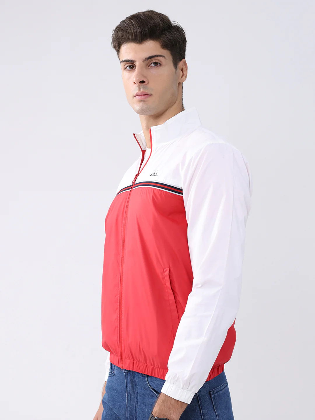 Men Red Self Design Stand Collar Full Sleeve Jacket - Image 3