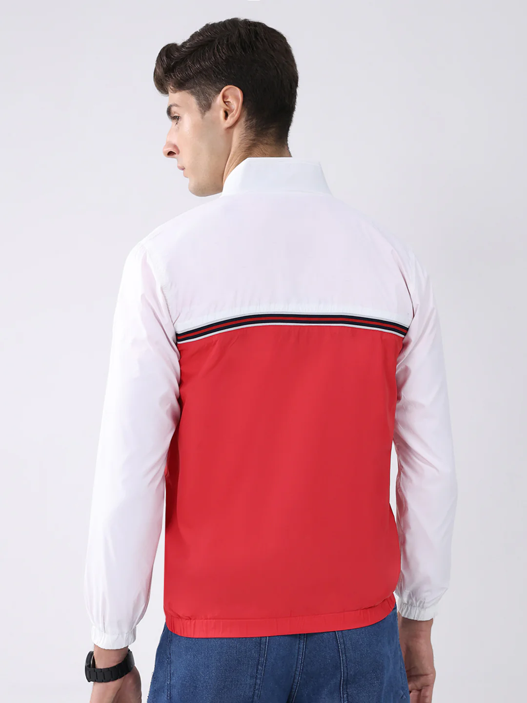 Men Red Self Design Stand Collar Full Sleeve Jacket - Image 5