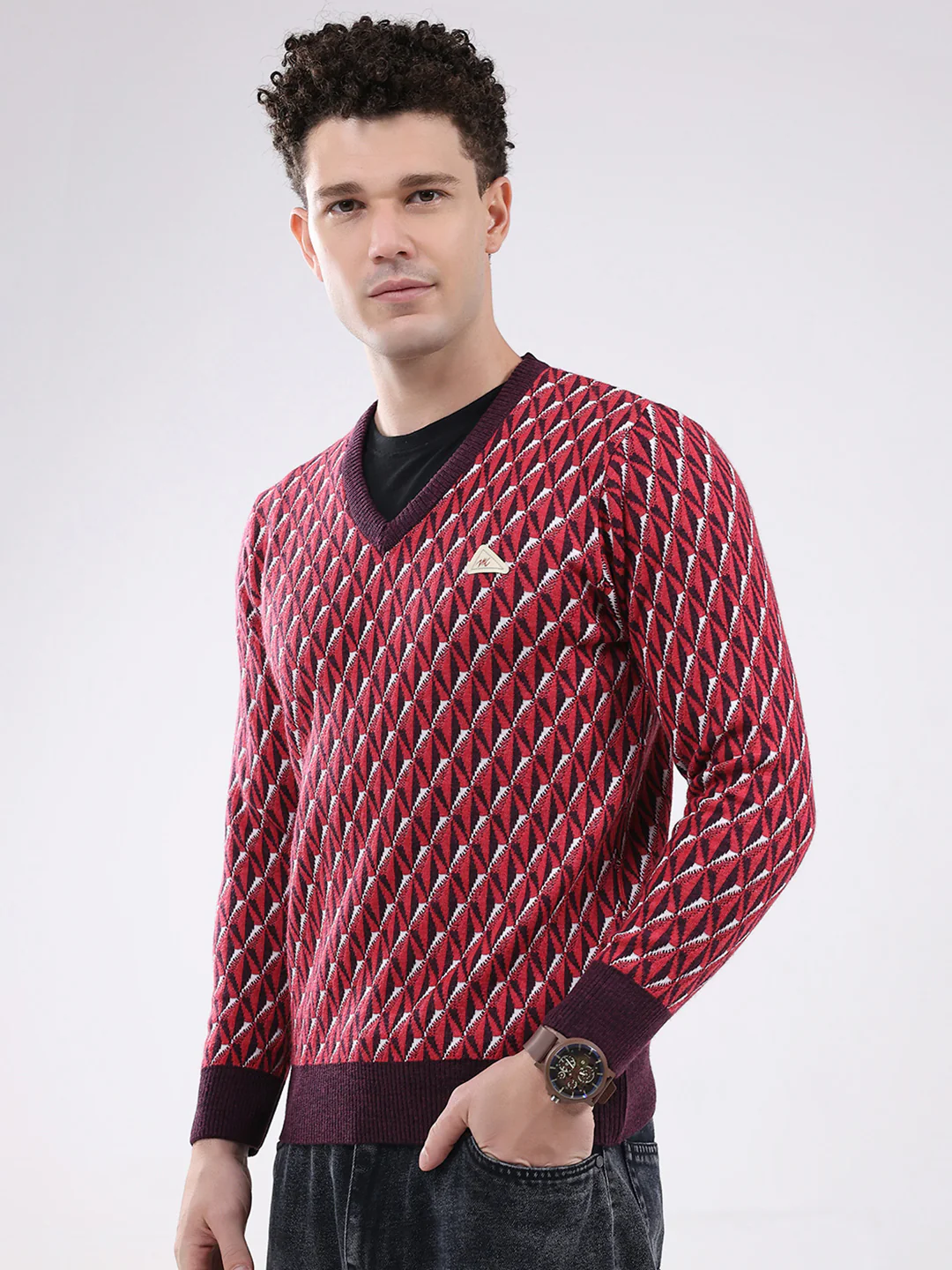 Men Red Self Design V Neck Full Sleeve Pullover - Image 3