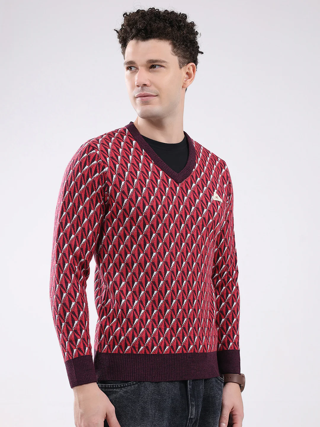 Men Red Self Design V Neck Full Sleeve Pullover - Image 4
