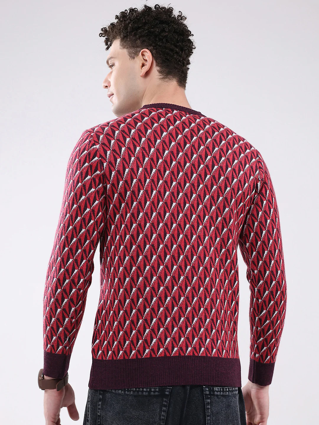 Men Red Self Design V Neck Full Sleeve Pullover - Image 5
